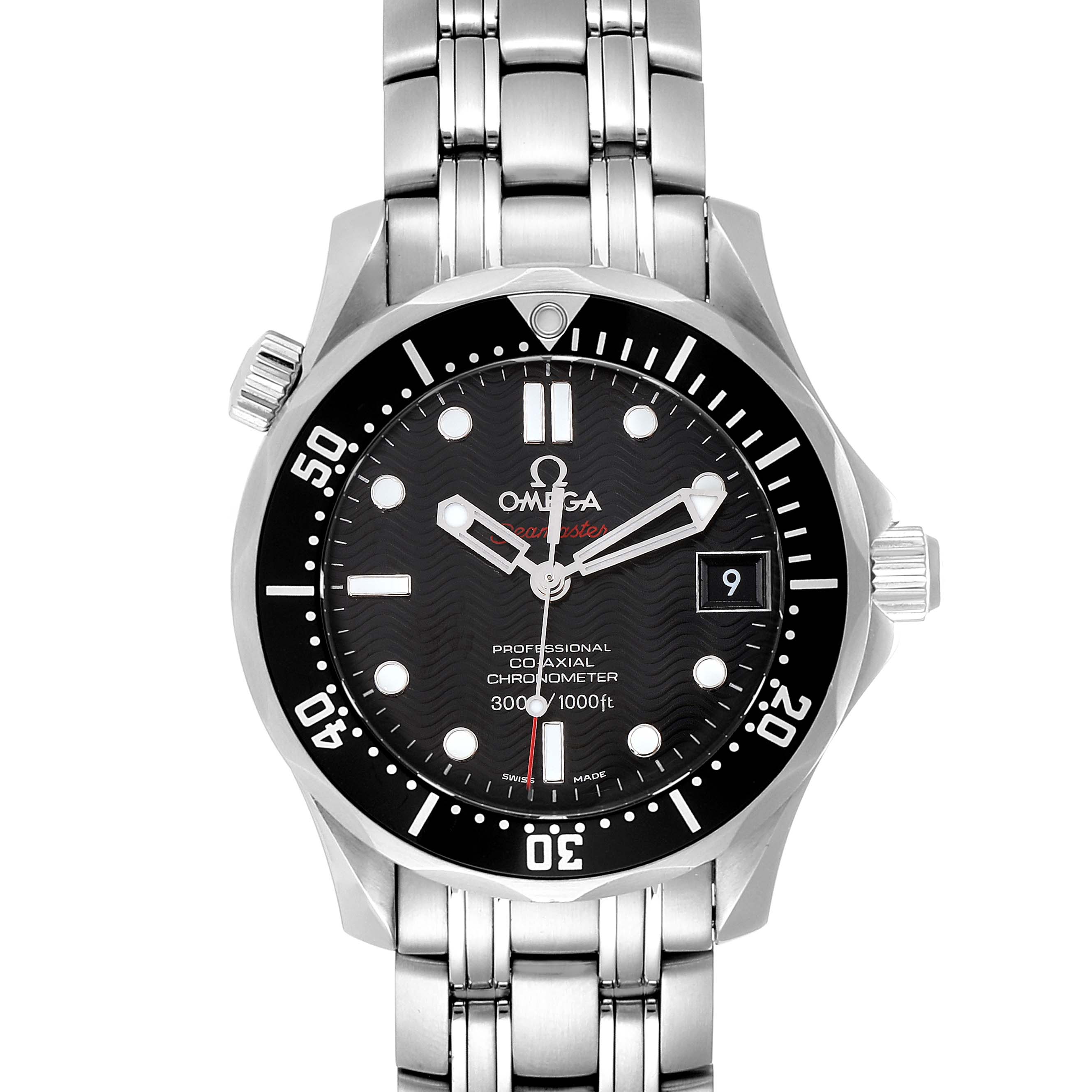 This image shows a frontal view of the Omega Seamaster 212.30.36.20.01.001 Men's Stainless Steel Black Dial 212.30.36.20.01.001 Men's Stainless Steel Black Dial watch, displaying the black dial, bezel, and metal bracelet.