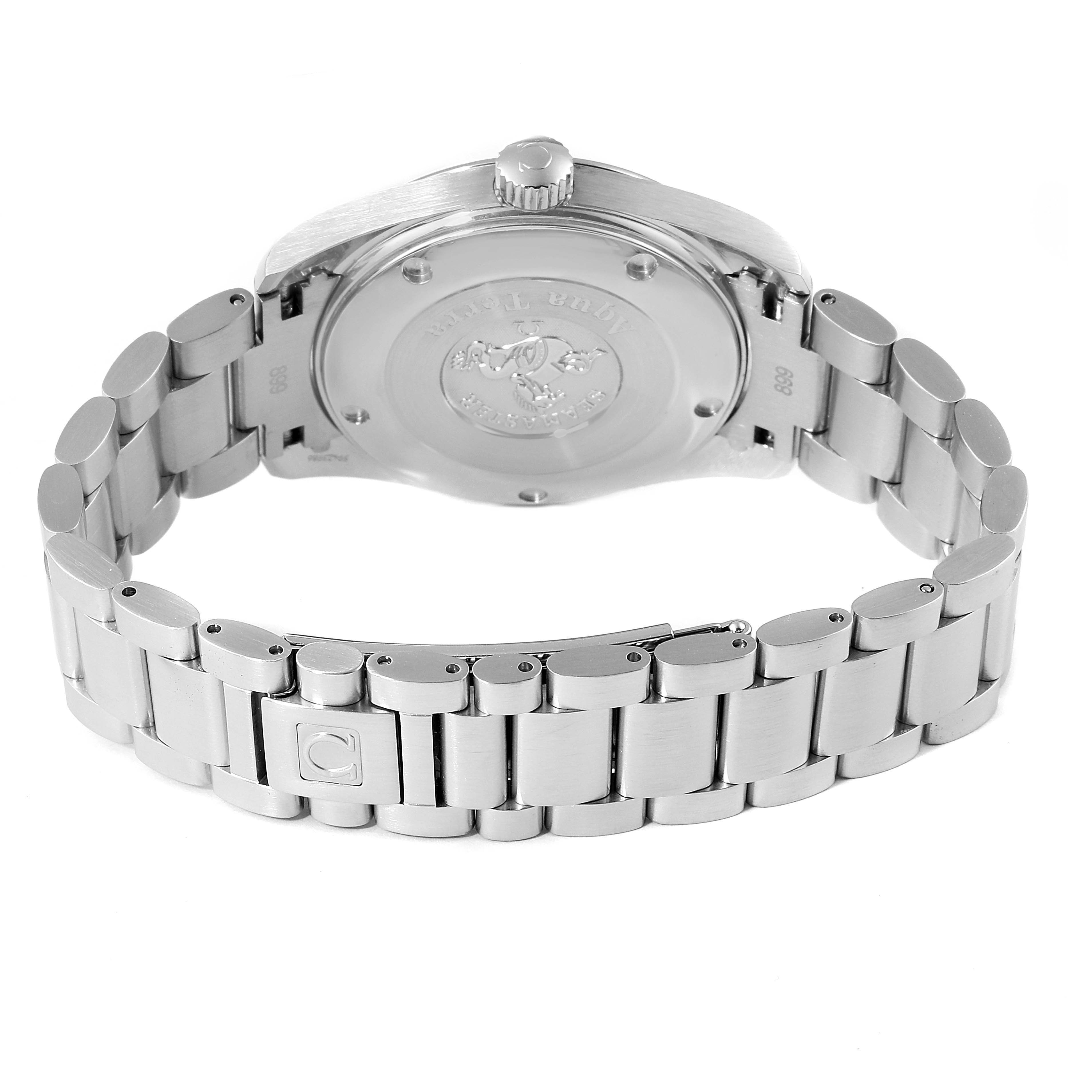 The image shows the back and bracelet of an Omega Aqua Terra 2518.50.00 Men's Stainless Steel Black Dial 2518.50.00 Men's Stainless Steel Black Dial watch from a rear angle.