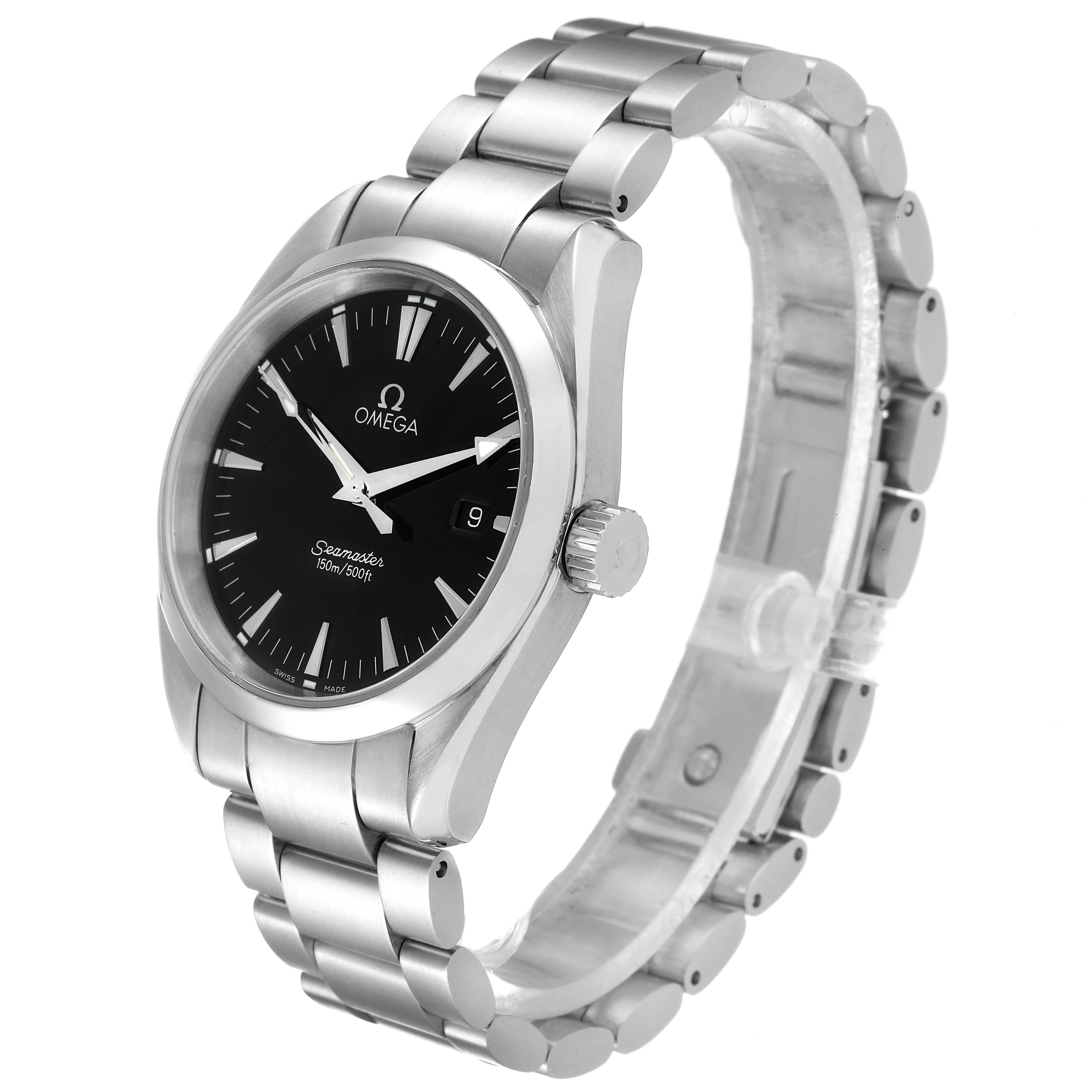 The image shows an angled view of the Omega Aqua Terra 2518.50.00 Men's Stainless Steel Black Dial 2518.50.00 Men's Stainless Steel Black Dial wristwatch, highlighting its face, crown, and metal bracelet.