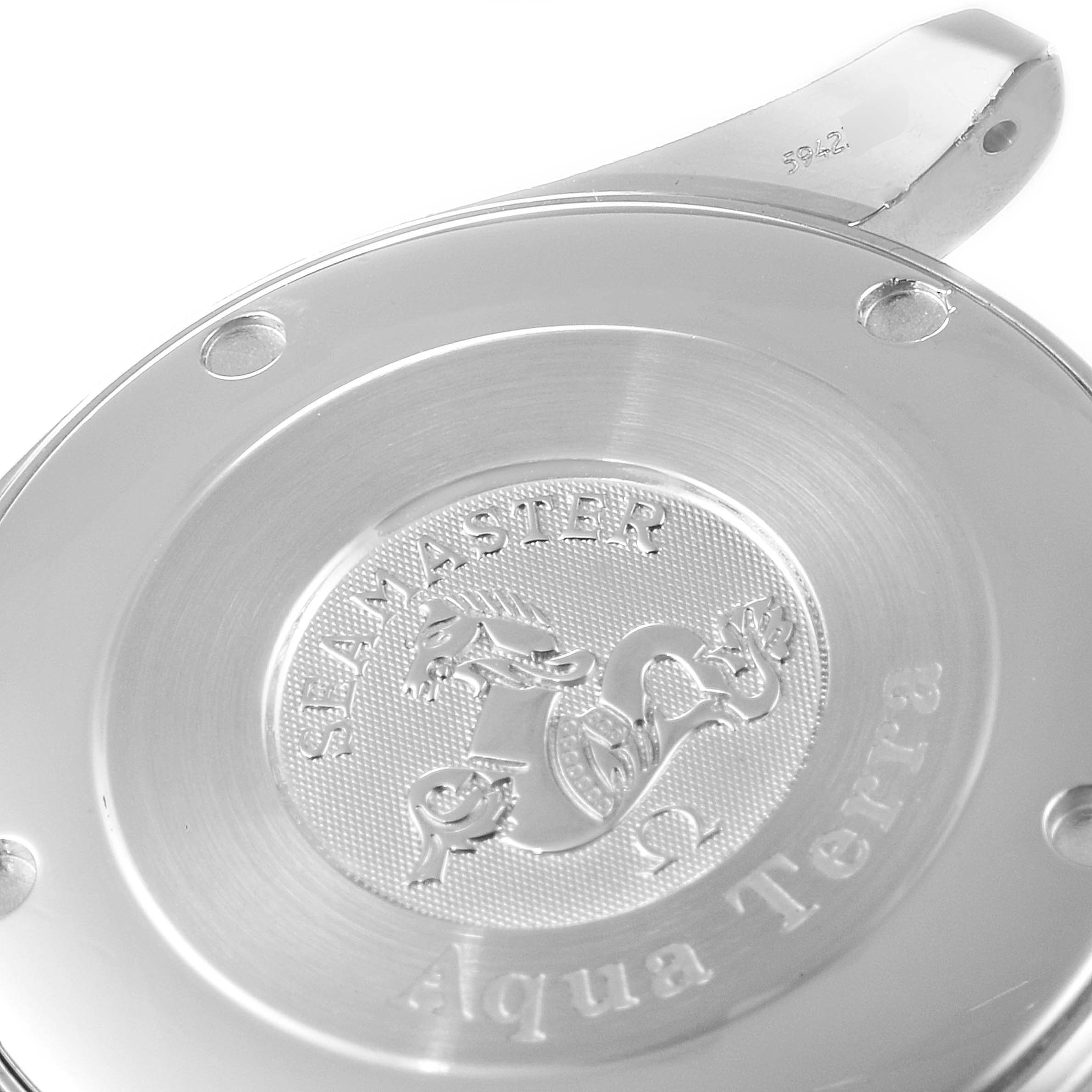 The image shows the back case of an Omega Aqua Terra 2518.50.00 Men's Stainless Steel Black Dial 2518.50.00 Men's Stainless Steel Black Dial watch at a slight angle, displaying the Seamaster logo.