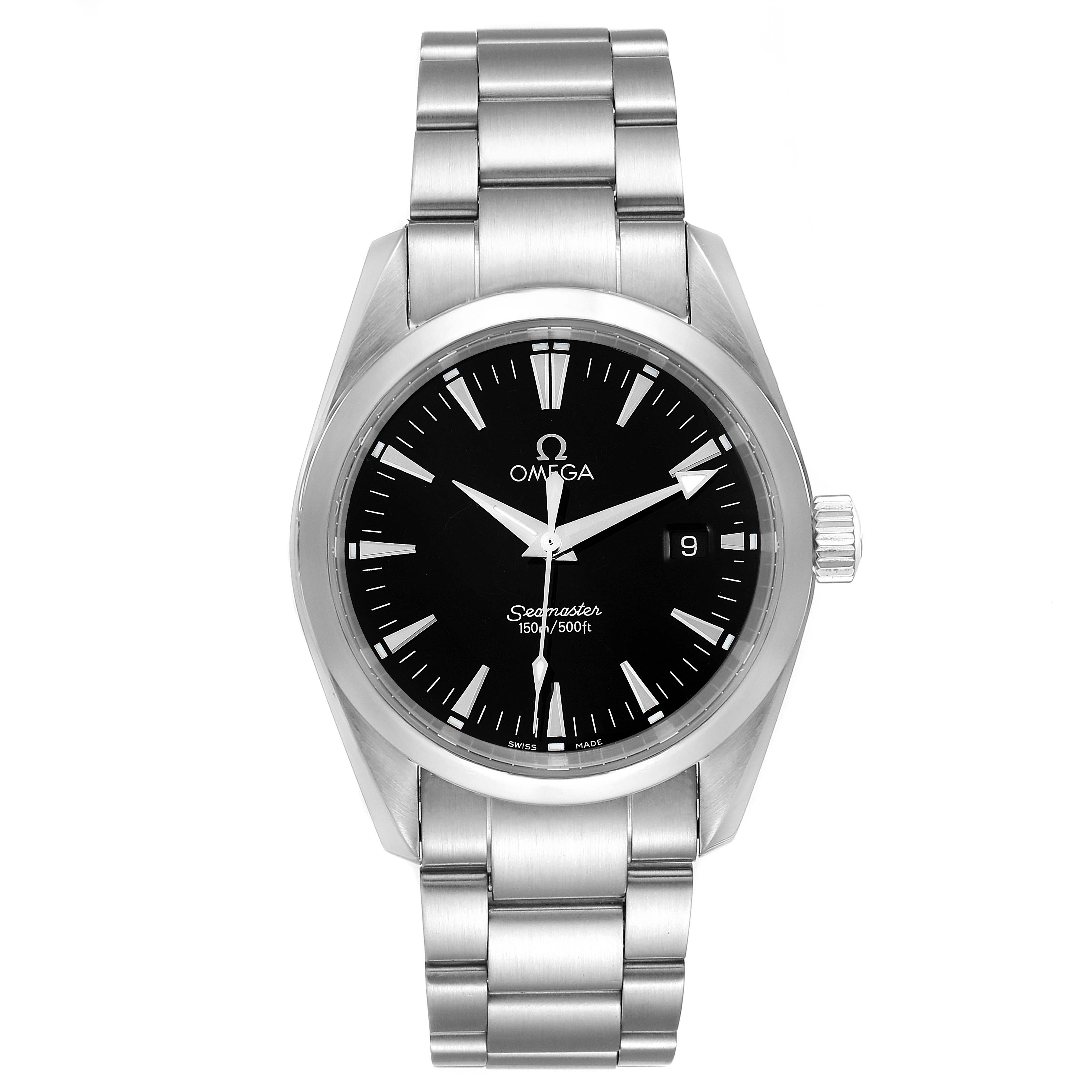 The Omega Aqua Terra 2518.50.00 Men's Stainless Steel Black Dial 2518.50.00 Men's Stainless Steel Black Dial watch is shown from a front angle, displaying its dial, case, and bracelet.