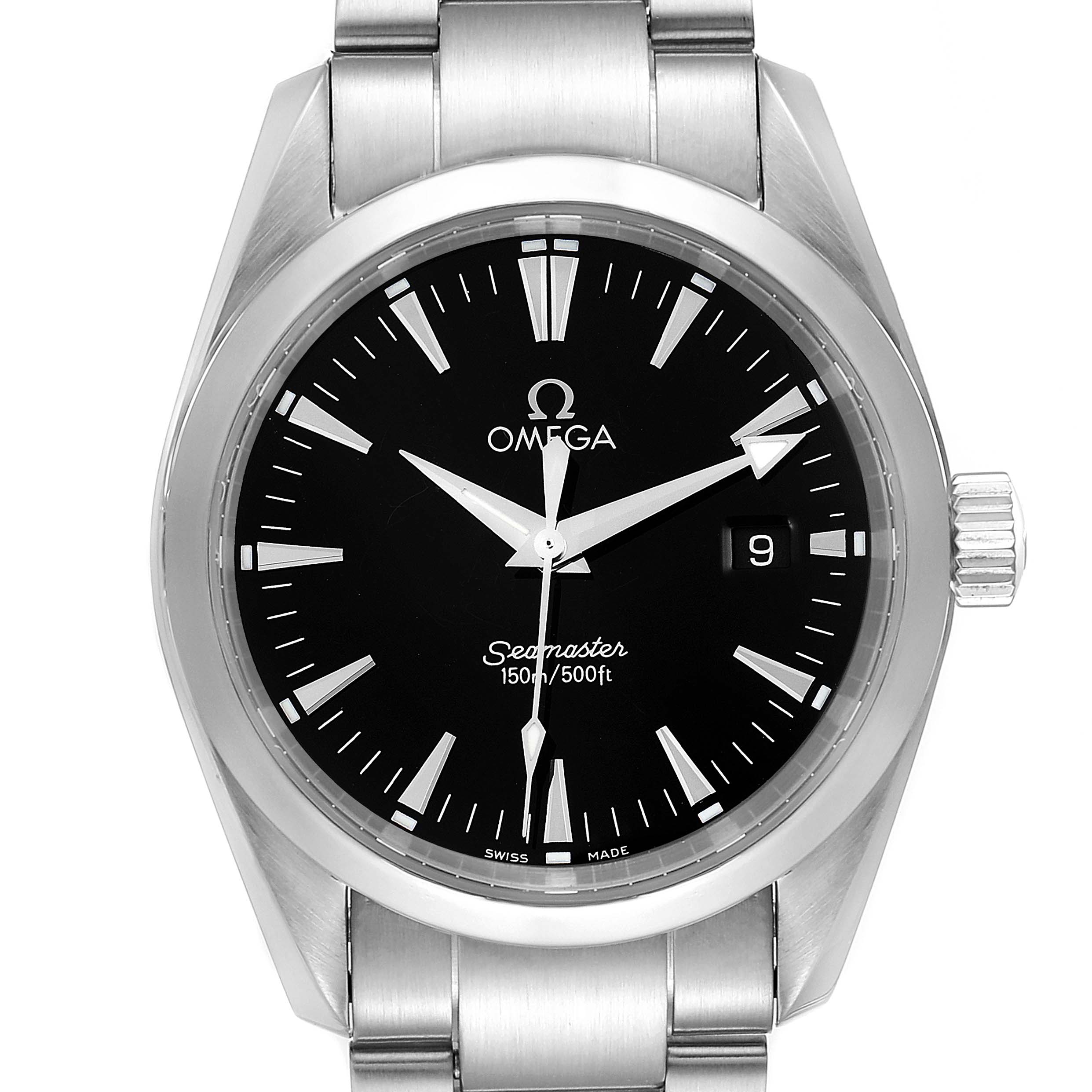 This image shows the front view of an Omega Aqua Terra 2518.50.00 Men's Stainless Steel Black Dial 2518.50.00 Men's Stainless Steel Black Dial watch, highlighting the dial, hands, crown, and part of the bracelet.