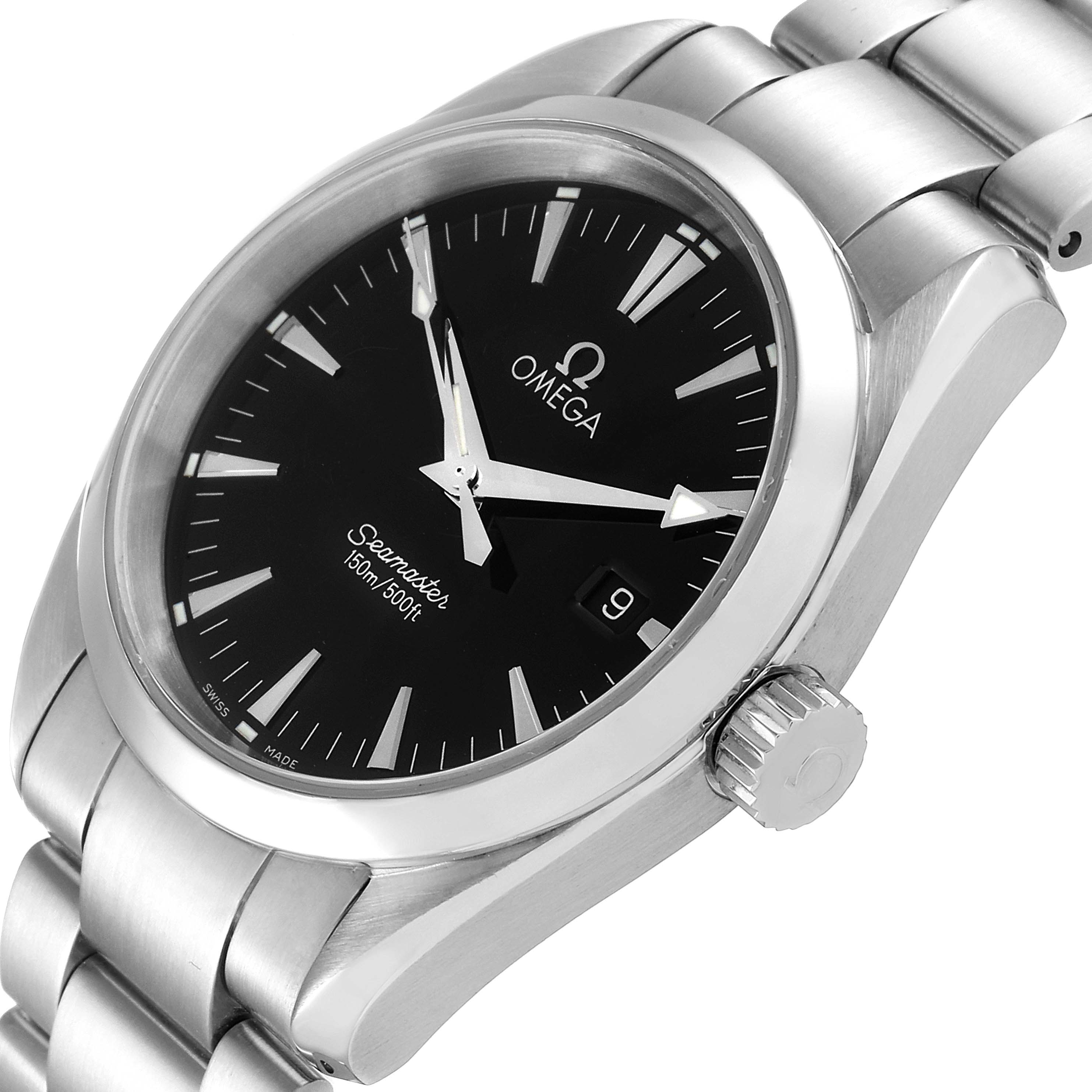 The Omega Aqua Terra 2518.50.00 Men's Stainless Steel Black Dial 2518.50.00 Men's Stainless Steel Black Dial watch is shown at an angle, highlighting the dial, bezel, crown, and stainless steel bracelet.