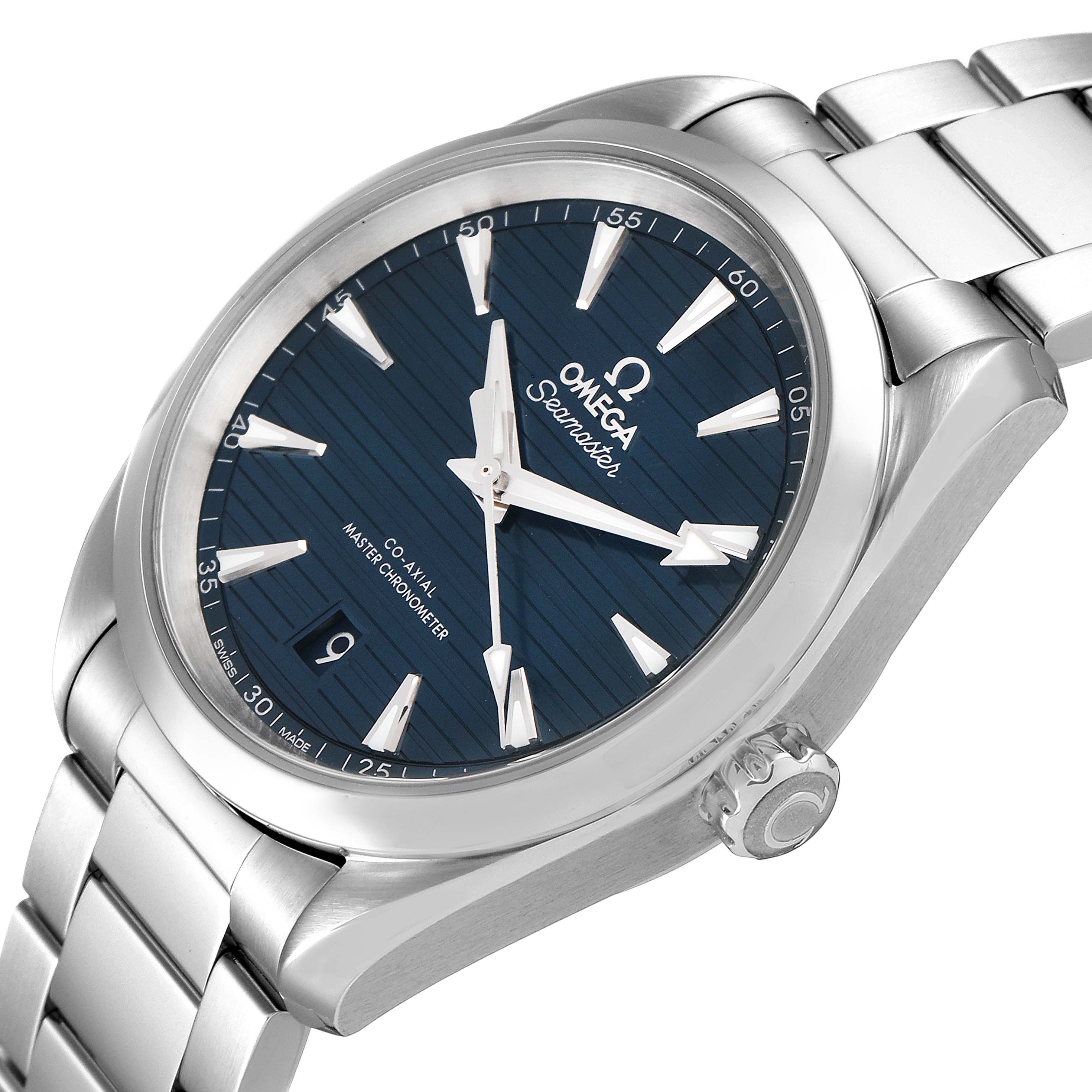 This image shows an angled view of the Omega Aqua Terra 220.10.38.20.03.001 Men's Stainless Steel Blue Dial 220.10.38.20.03.001 Men's Stainless Steel Blue Dial watch, highlighting the dial, bezel, and a portion of the bracelet.