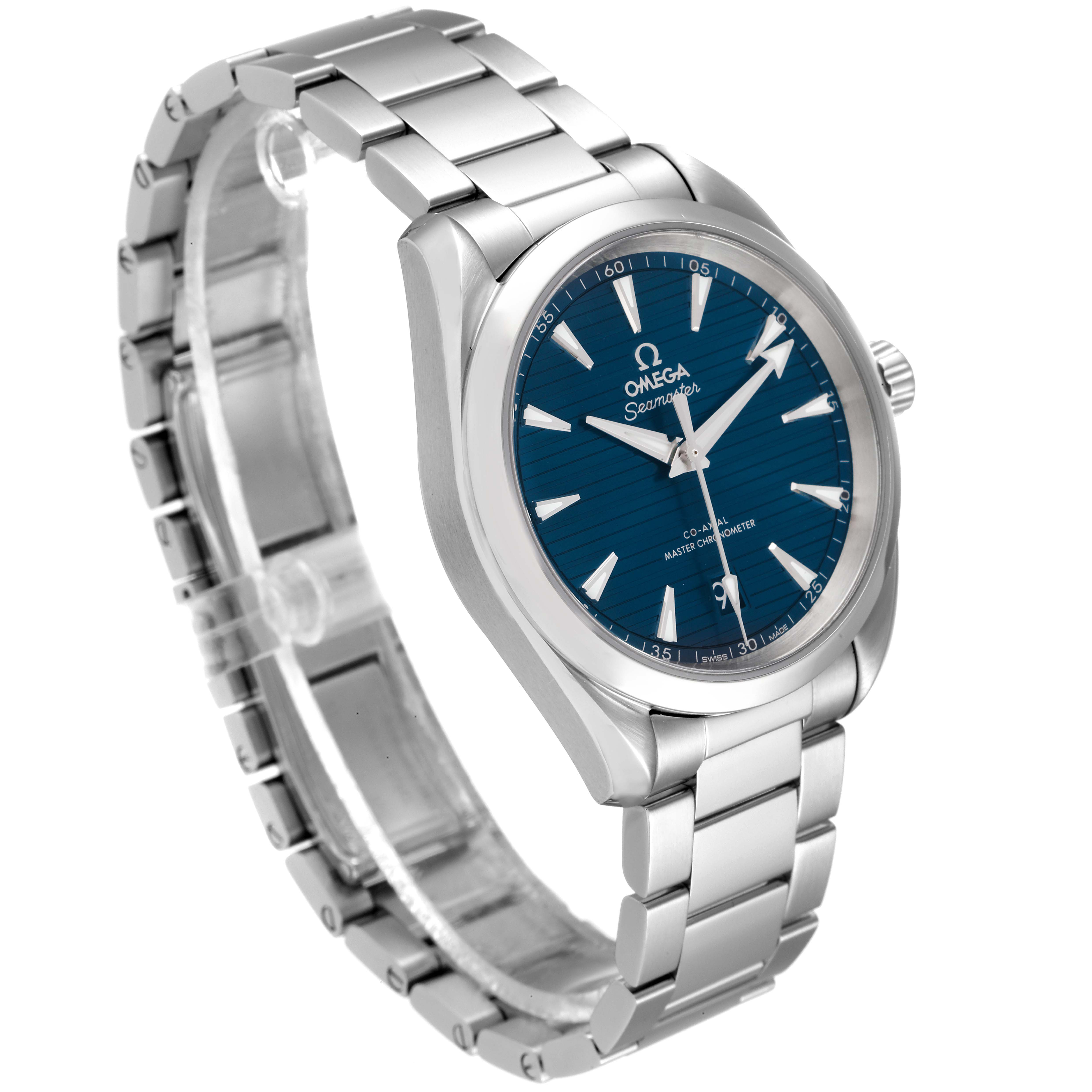 The Omega Aqua Terra 220.10.38.20.03.001 Men's Stainless Steel Blue Dial 220.10.38.20.03.001 Men's Stainless Steel Blue Dial watch is shown at a three-quarter angle, highlighting its blue dial, metal bracelet, and case.