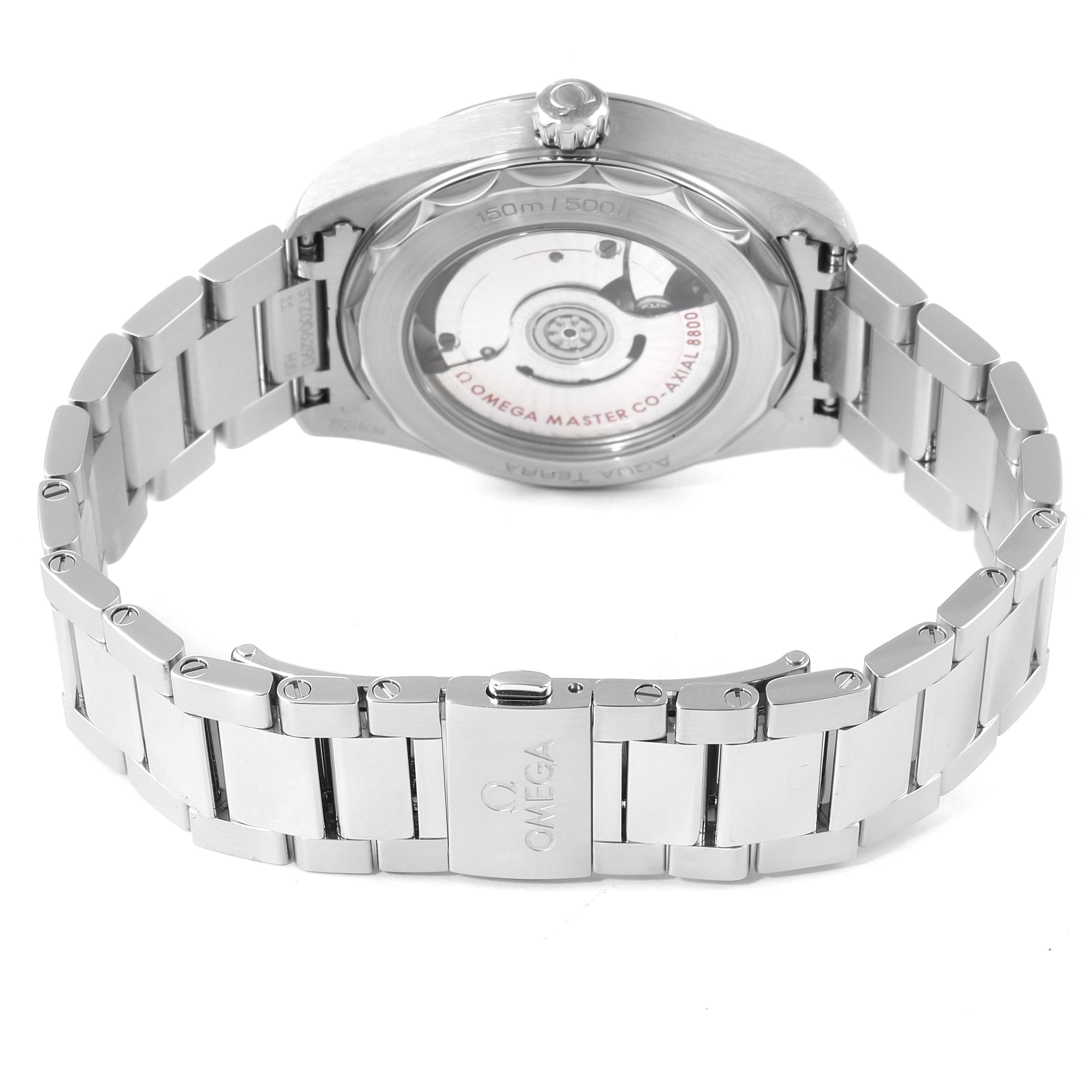 This image shows the back and bracelet of the Omega Aqua Terra 220.10.38.20.03.001 Men's Stainless Steel Blue Dial 220.10.38.20.03.001 Men's Stainless Steel Blue Dial watch, highlighting the clasp and transparent case back.