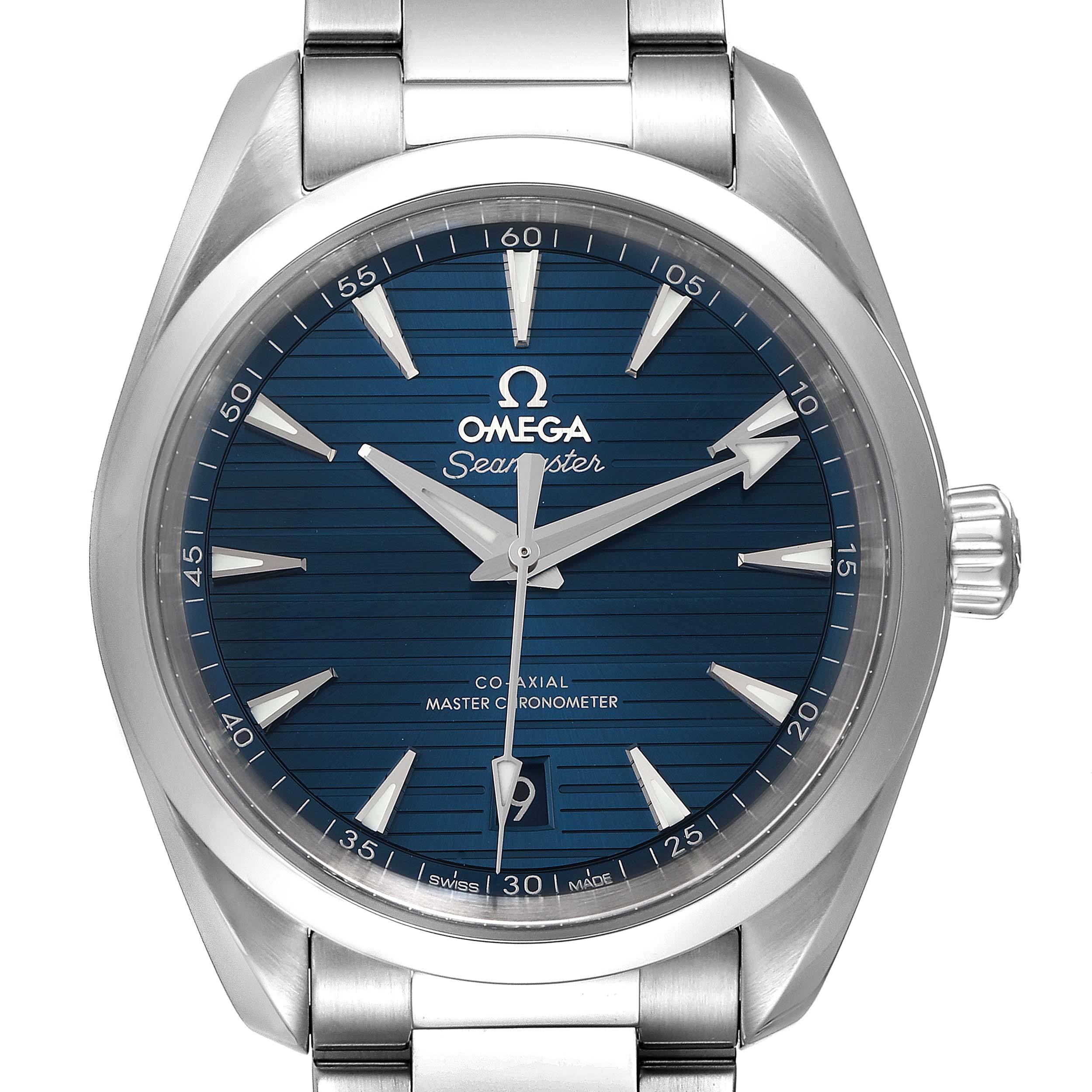 This is a front view of the Omega Aqua Terra 220.10.38.20.03.001 Men's Stainless Steel Blue Dial 220.10.38.20.03.001 Men's Stainless Steel Blue Dial watch, displaying its blue dial, hands, indices, and part of the metal bracelet.