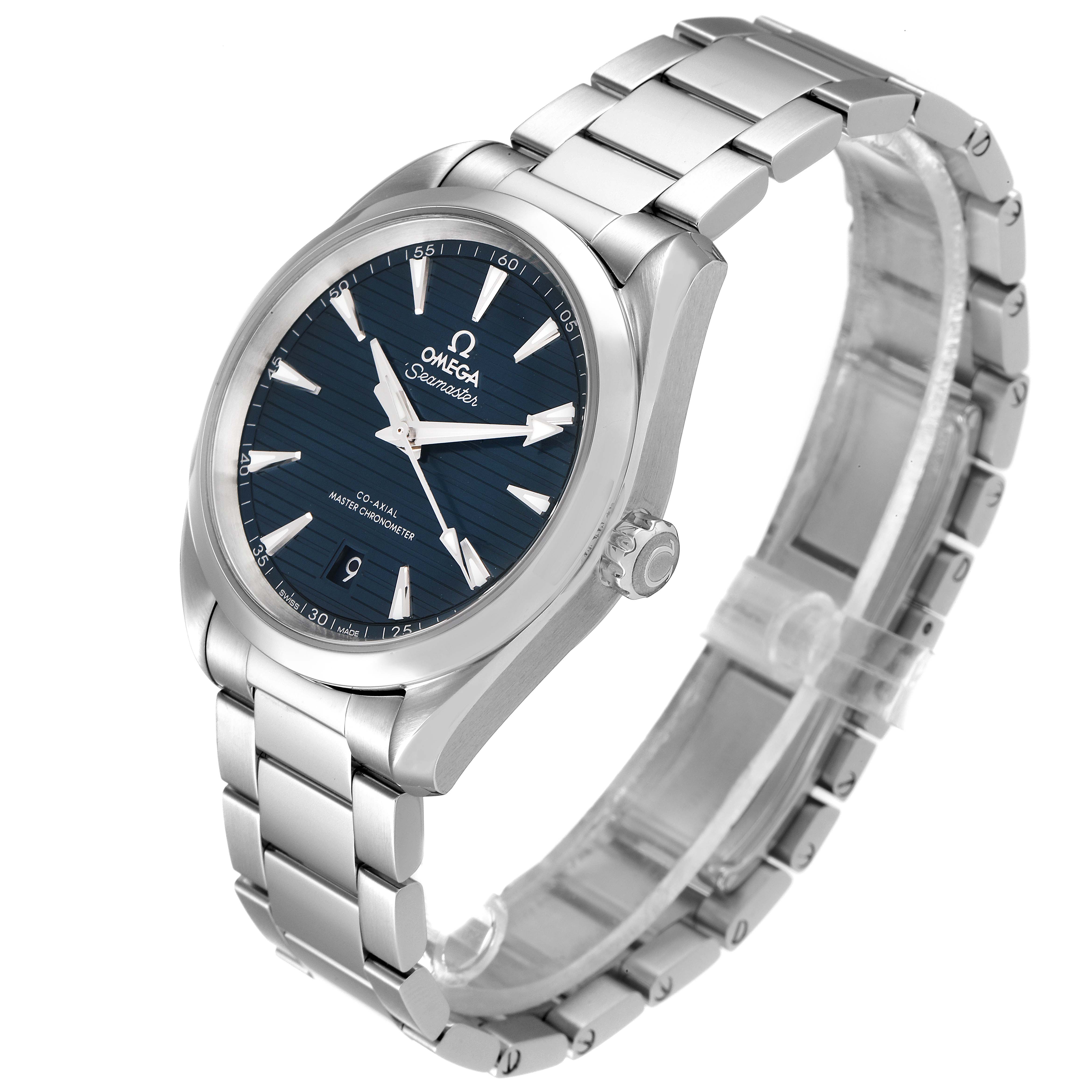 The image shows the Omega Aqua Terra 220.10.38.20.03.001 Men's Stainless Steel Blue Dial 220.10.38.20.03.001 Men's Stainless Steel Blue Dial watch at a three-quarter angle, highlighting the dial, bracelet, and crown.