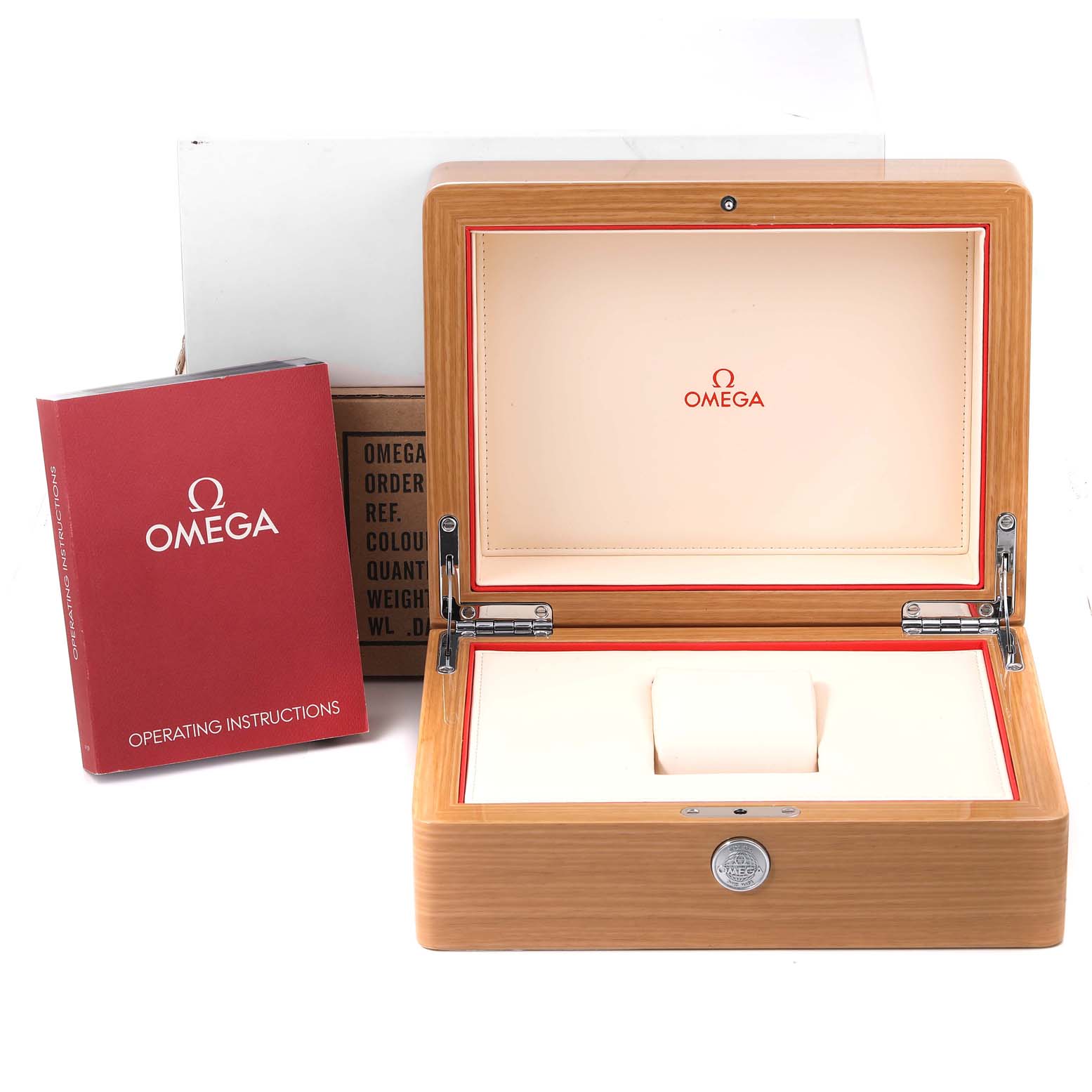 The image shows the open box for an Omega Aqua Terra 220.10.38.20.03.001 Men's Stainless Steel Blue Dial 220.10.38.20.03.001 Men's Stainless Steel Blue Dial watch along with the operating instructions booklet.