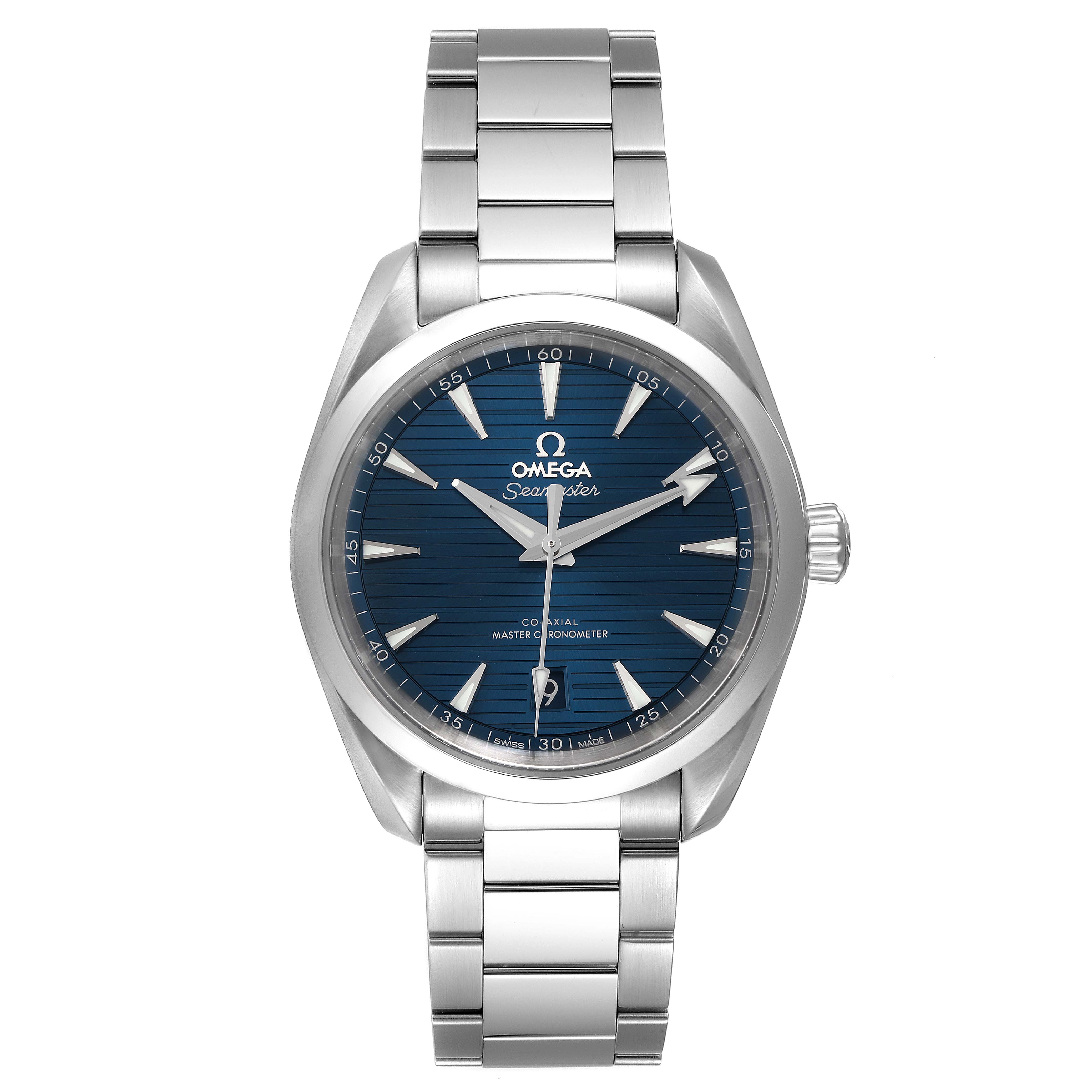 This image shows the front view of an Omega Aqua Terra 220.10.38.20.03.001 Men's Stainless Steel Blue Dial 220.10.38.20.03.001 Men's Stainless Steel Blue Dial watch, highlighting its blue dial and stainless steel bracelet.