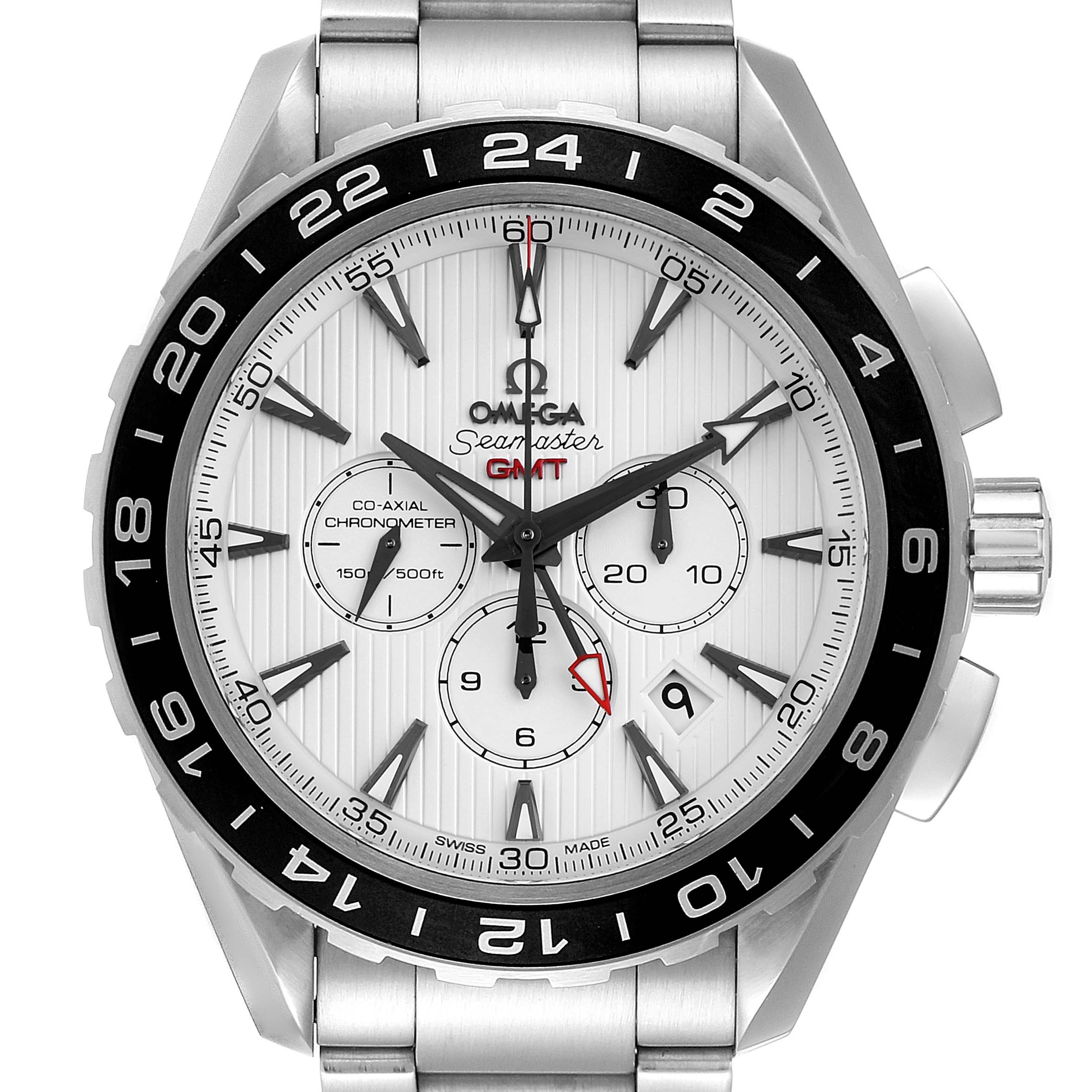 The image shows a front view of the Omega Seamaster 231.10.44.52.04.001 Men's Stainless Steel White Dial 231.10.44.52.04.001 Men's Stainless Steel White Dial GMT watch, showcasing its dial, bezel, and bracelet.