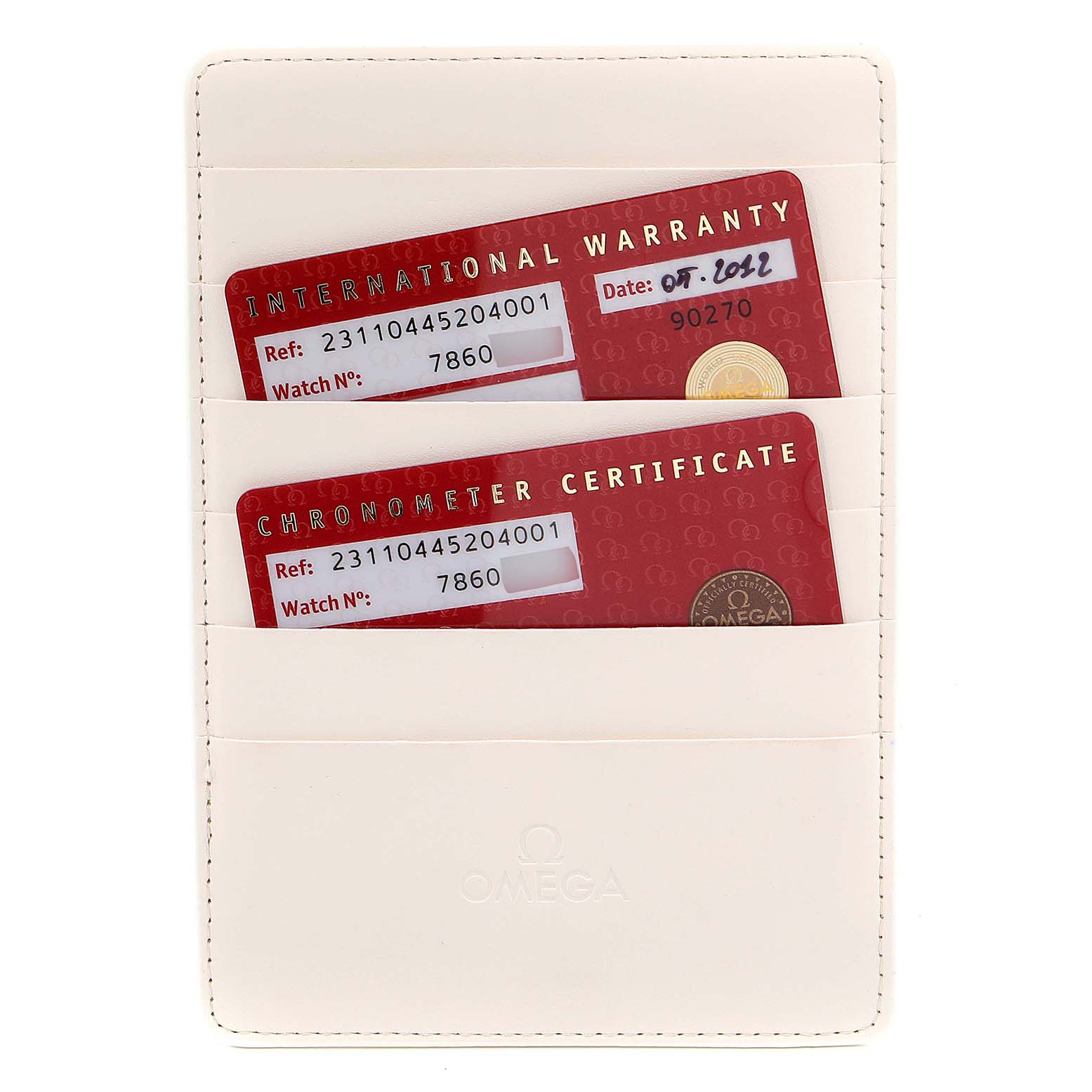 The image shows Omega Seamaster 231.10.44.52.04.001 Men's Stainless Steel White Dial 231.10.44.52.04.001 Men's Stainless Steel White Dial model warranty and chronometer certificate cards in a white cardholder.