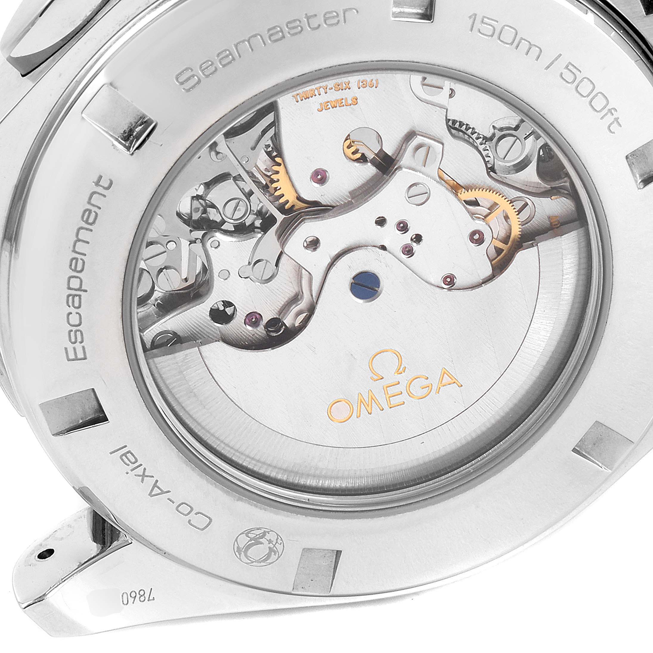 The image shows the back of the Omega Seamaster 231.10.44.52.04.001 Men's Stainless Steel White Dial 231.10.44.52.04.001 Men's Stainless Steel White Dial watch, highlighting its internal mechanical movements and branding.