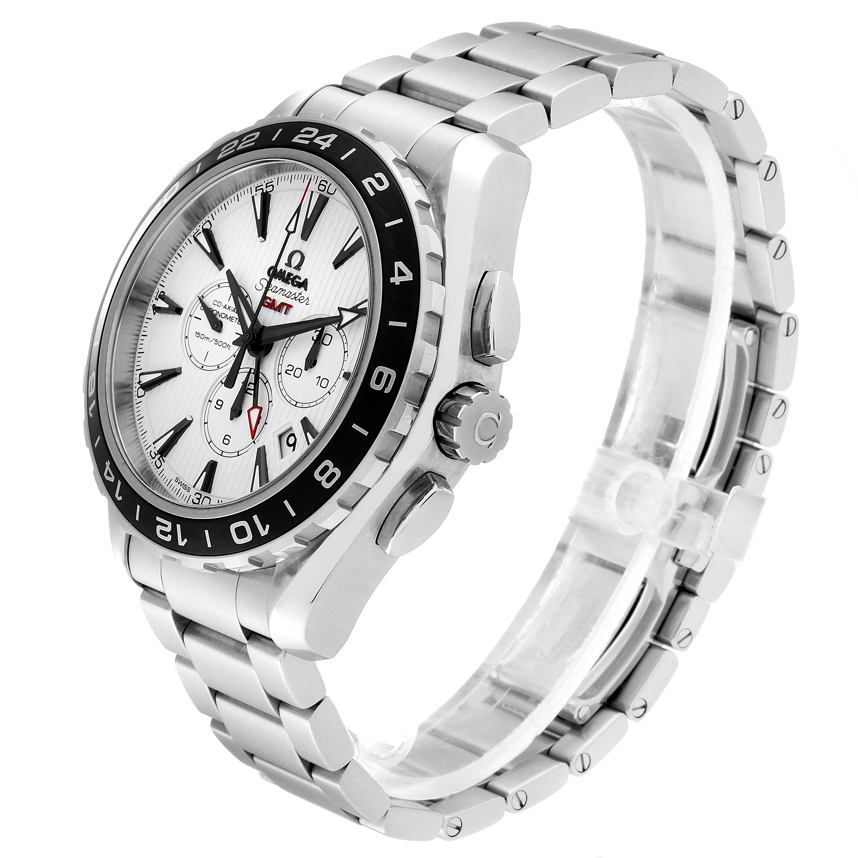 The image shows an angled view of an Omega Seamaster 231.10.44.52.04.001 Men's Stainless Steel White Dial 231.10.44.52.04.001 Men's Stainless Steel White Dial watch, highlighting its dial, bezel, crown, pushers, and stainless steel bracelet.