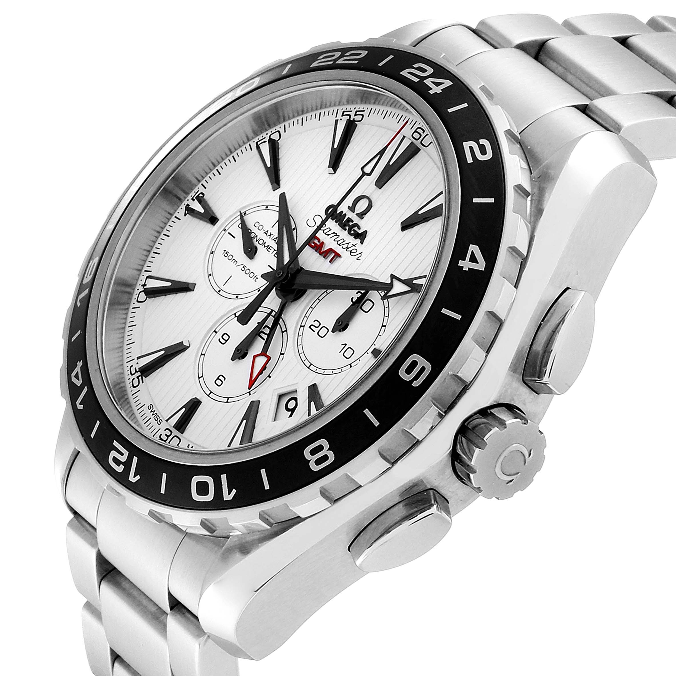 The Omega Seamaster 231.10.44.52.04.001 Men's Stainless Steel White Dial 231.10.44.52.04.001 Men's Stainless Steel White Dial watch is shown at a three-quarter angle, highlighting its face, bezel, crown, and bracelet.