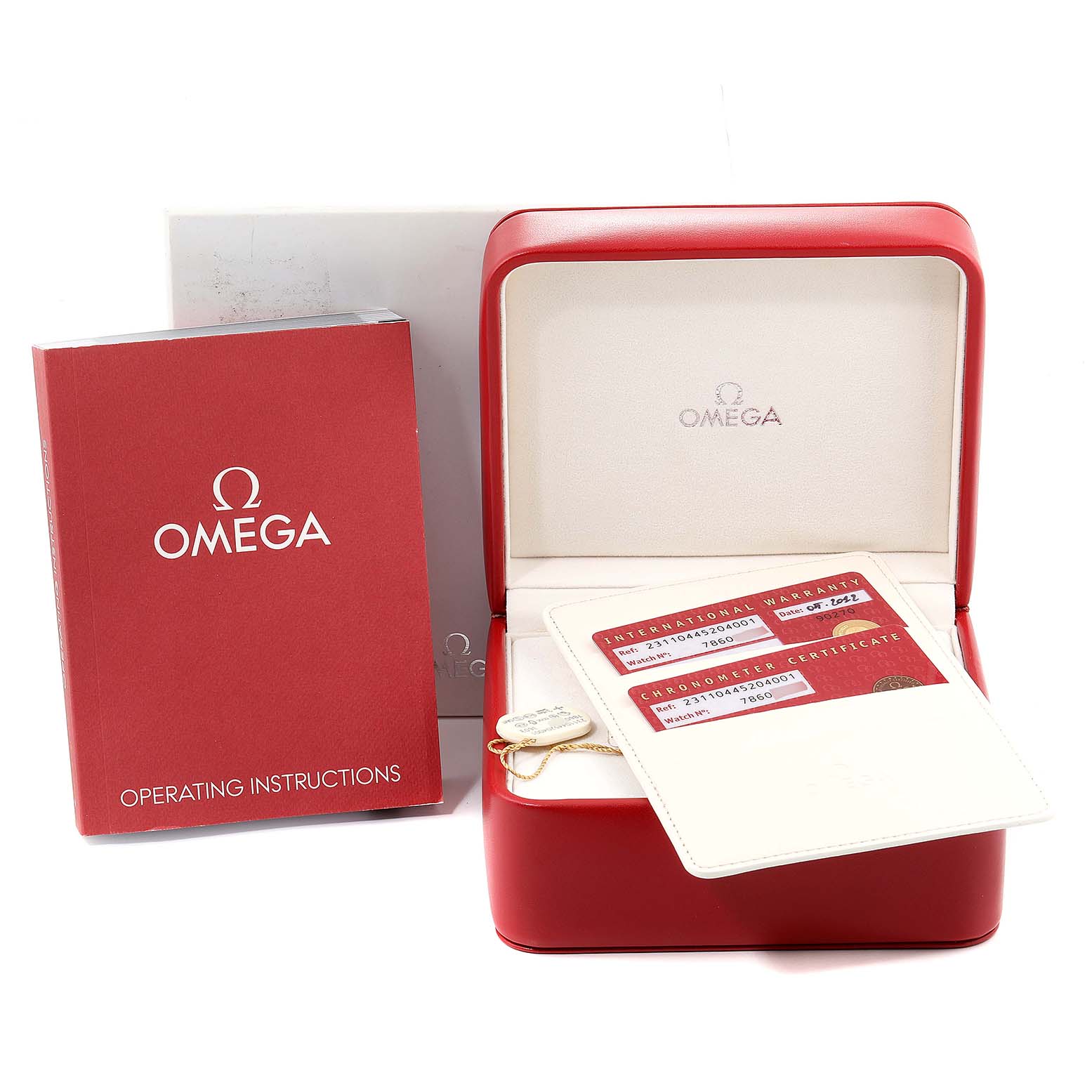 The image shows the Omega Seamaster 231.10.44.52.04.001 Men's Stainless Steel White Dial 231.10.44.52.04.001 Men's Stainless Steel White Dial watch's red box, operating instructions, warranty cards, and certificate.