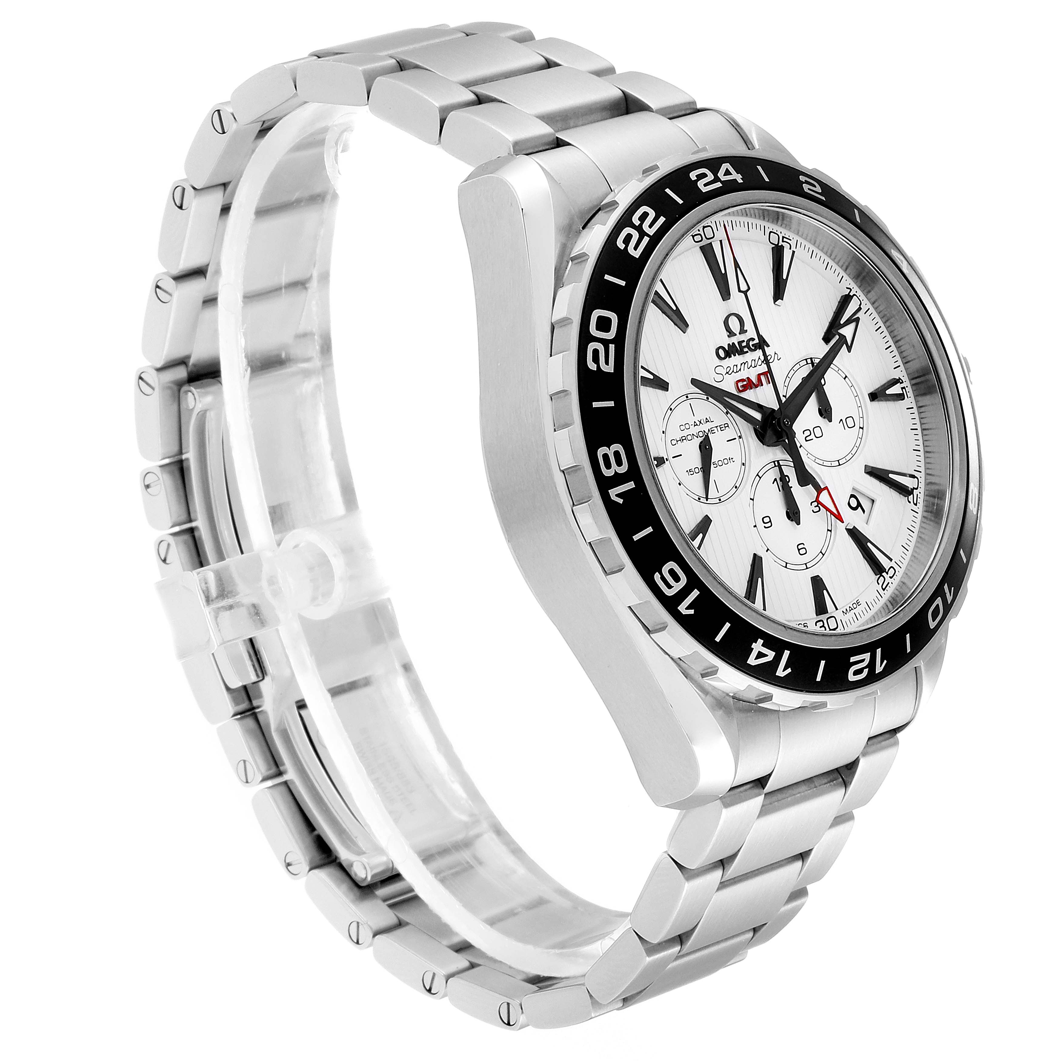 The Omega Seamaster 231.10.44.52.04.001 Men's Stainless Steel White Dial 231.10.44.52.04.001 Men's Stainless Steel White Dial watch is shown at a three-quarter angle, highlighting the bezel, dial, and stainless steel bracelet.