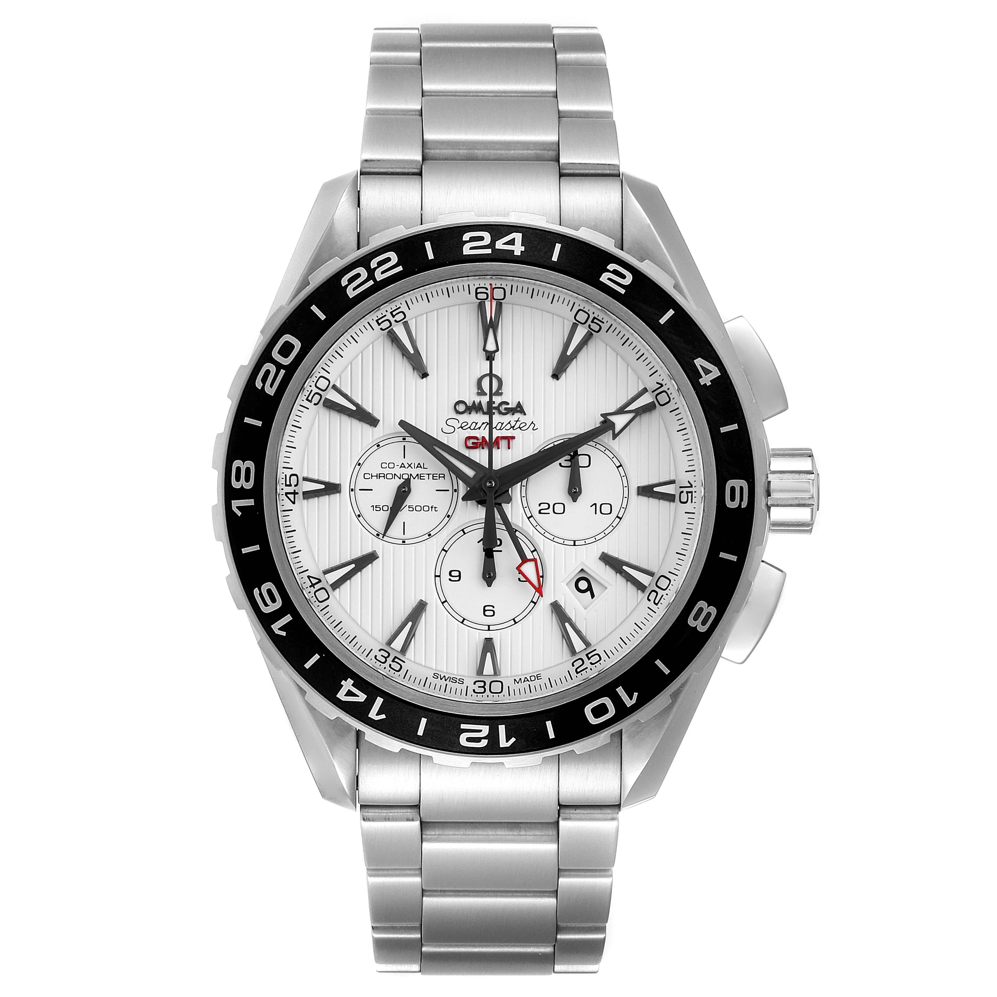 This image displays a front view of the Omega Seamaster 231.10.44.52.04.001 Men's Stainless Steel White Dial 231.10.44.52.04.001 Men's Stainless Steel White Dial watch, showcasing the dial, bezel, crown, and metal bracelet.