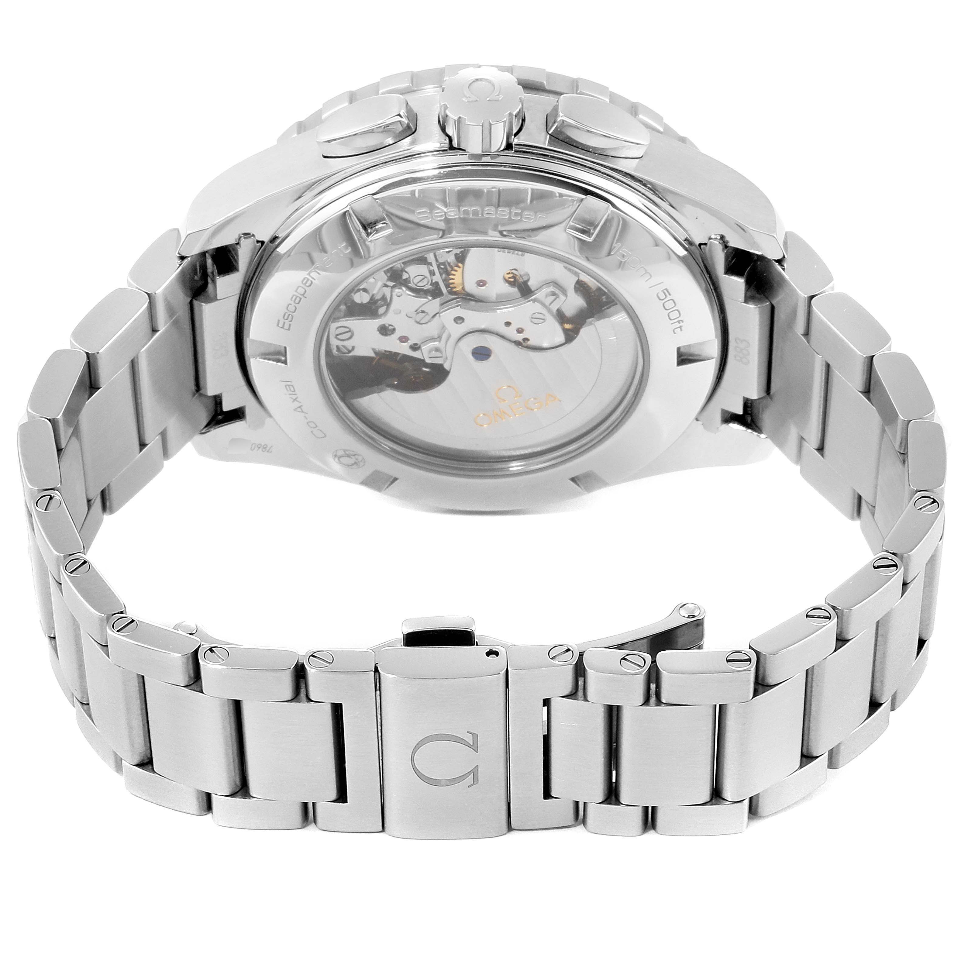 This image shows the back side of an Omega Seamaster 231.10.44.52.04.001 Men's Stainless Steel White Dial 231.10.44.52.04.001 Men's Stainless Steel White Dial watch, highlighting its stainless steel bracelet and transparent case back.