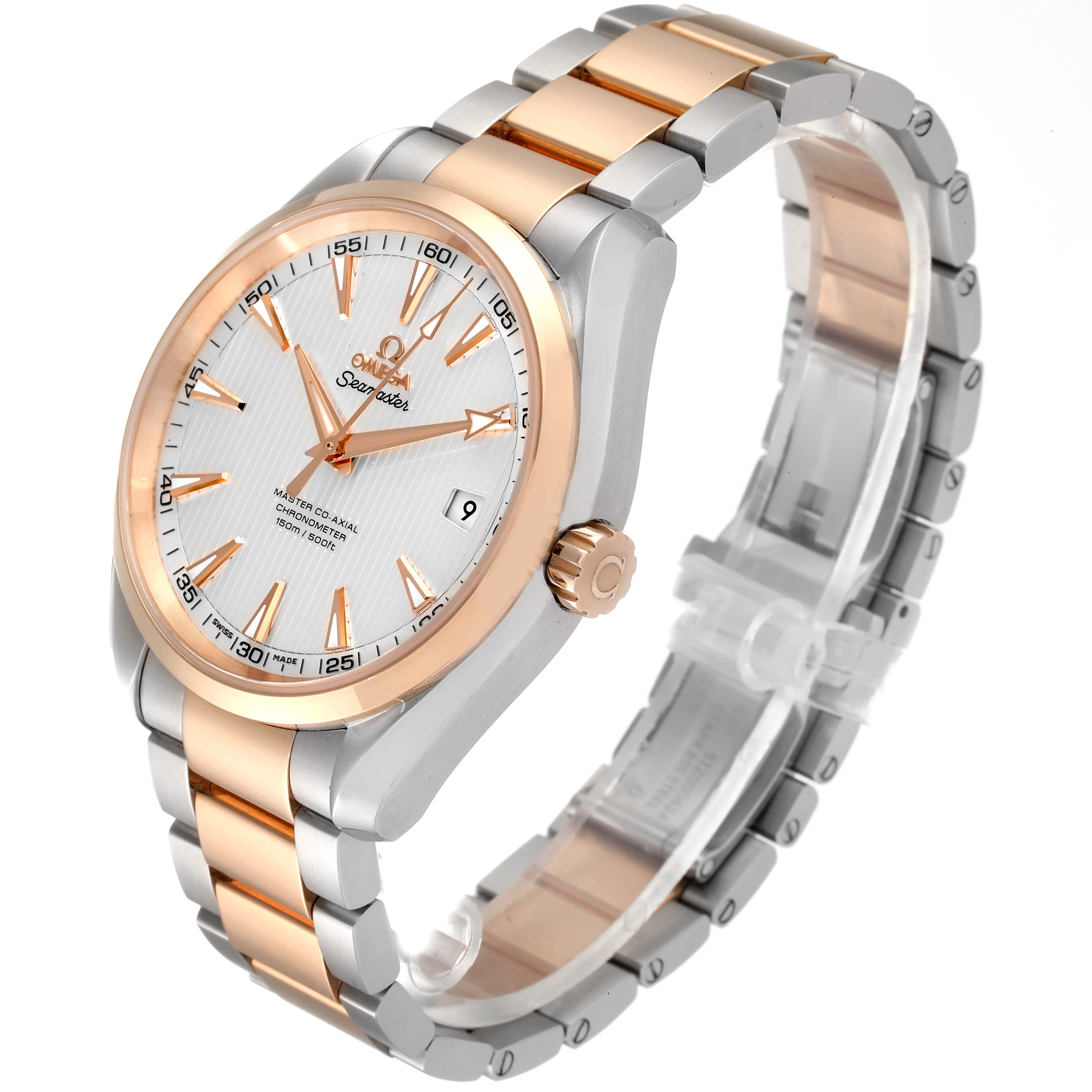 The Omega Aqua Terra 231.20.42.21.02.001 Men
s Steel and Gold (two tone) Silver Dial 231.20.42.21.02.001 Men
s Steel and Gold (two tone) Silver Dial watch is displayed at a front three-quarter angle showing its dial, bezel, and two-tone bracelet.