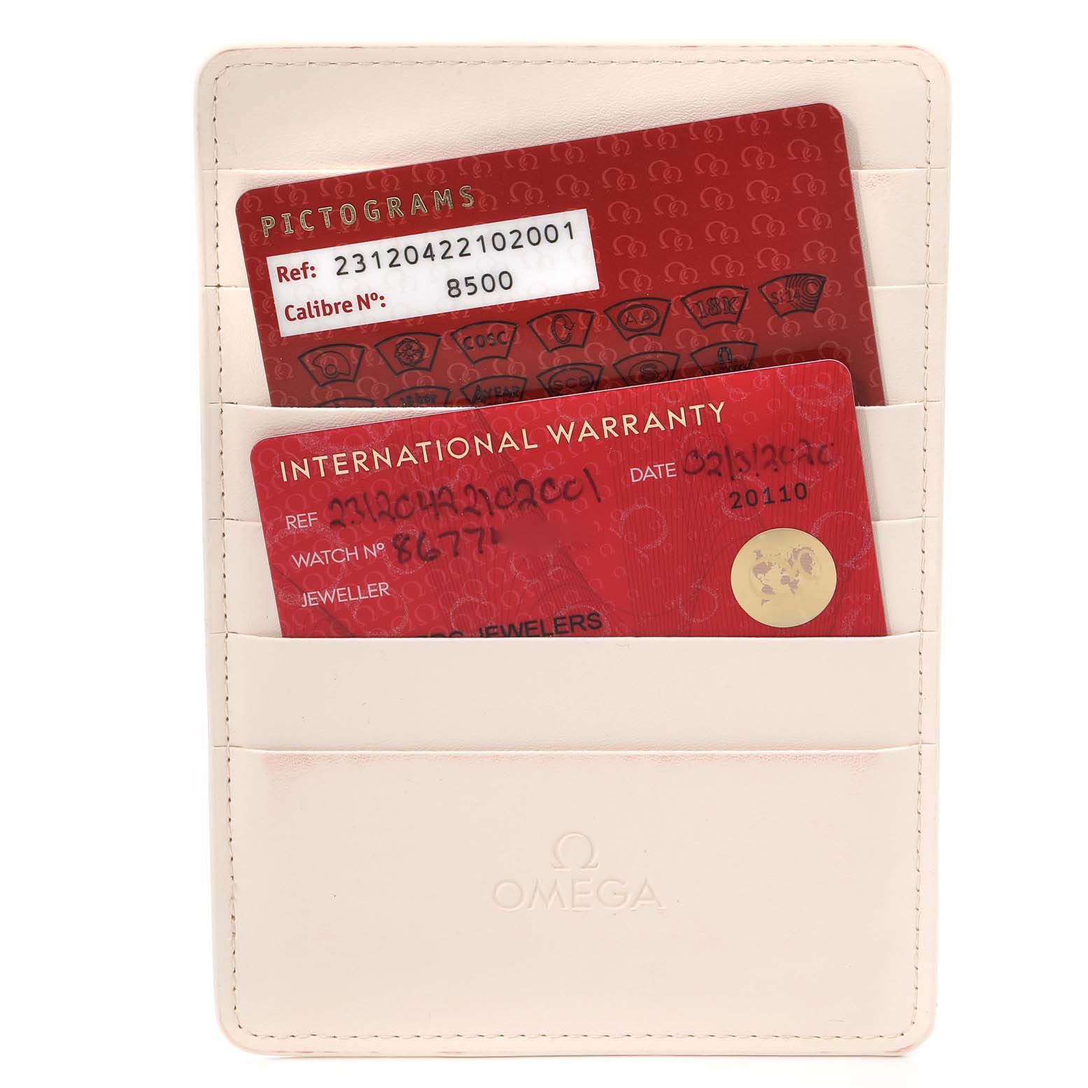 The image shows Omega Aqua Terra 231.20.42.21.02.001 Men
s Steel and Gold (two tone) Silver Dial 231.20.42.21.02.001 Men
s Steel and Gold (two tone) Silver Dial model warranty and pictogram cards in a beige Omega cardholder.