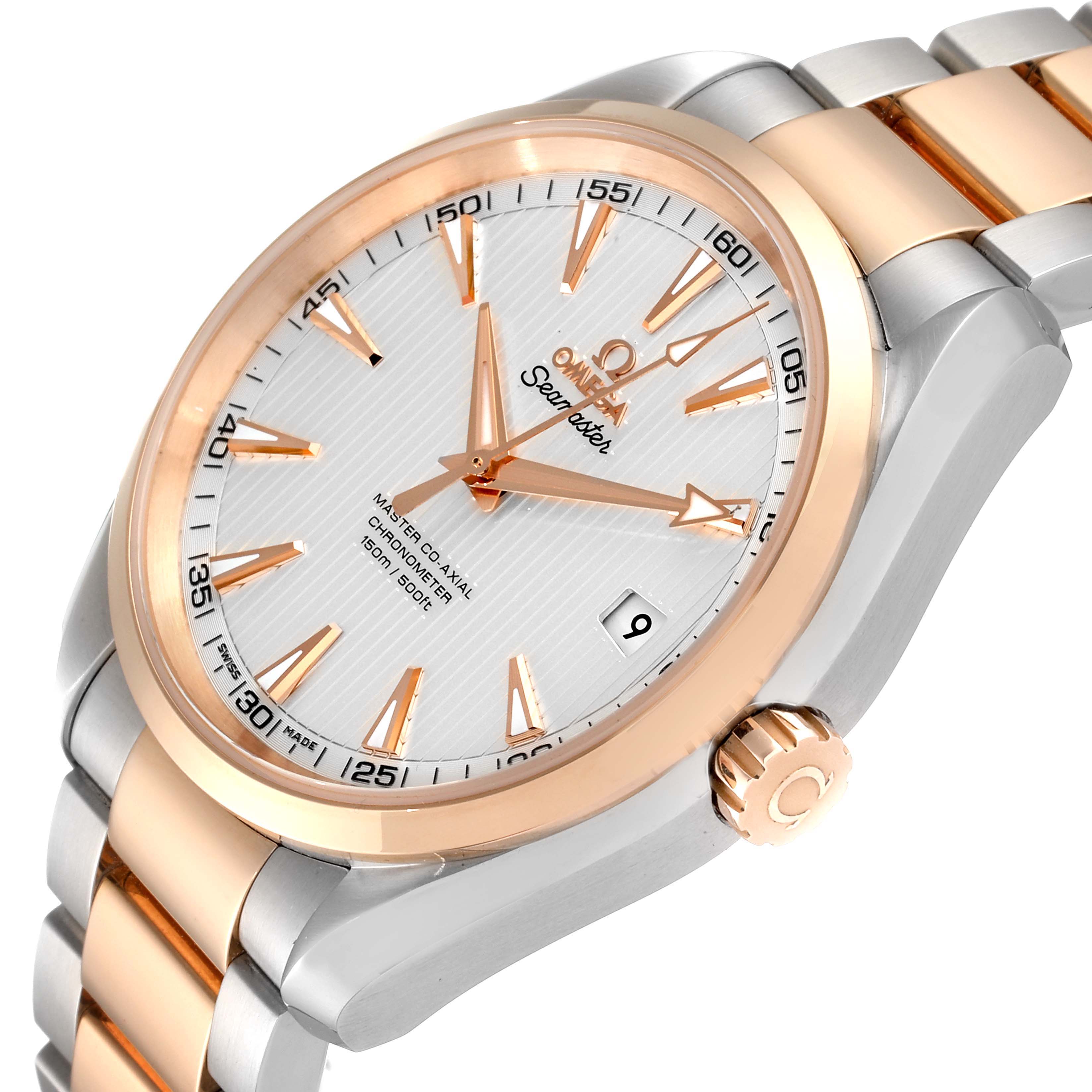 The Omega Aqua Terra 231.20.42.21.02.001 Men
s Steel and Gold (two tone) Silver Dial 231.20.42.21.02.001 Men
s Steel and Gold (two tone) Silver Dial watch is shown at an angled view, highlighting the face, bezel, crown, and part of the bracelet.