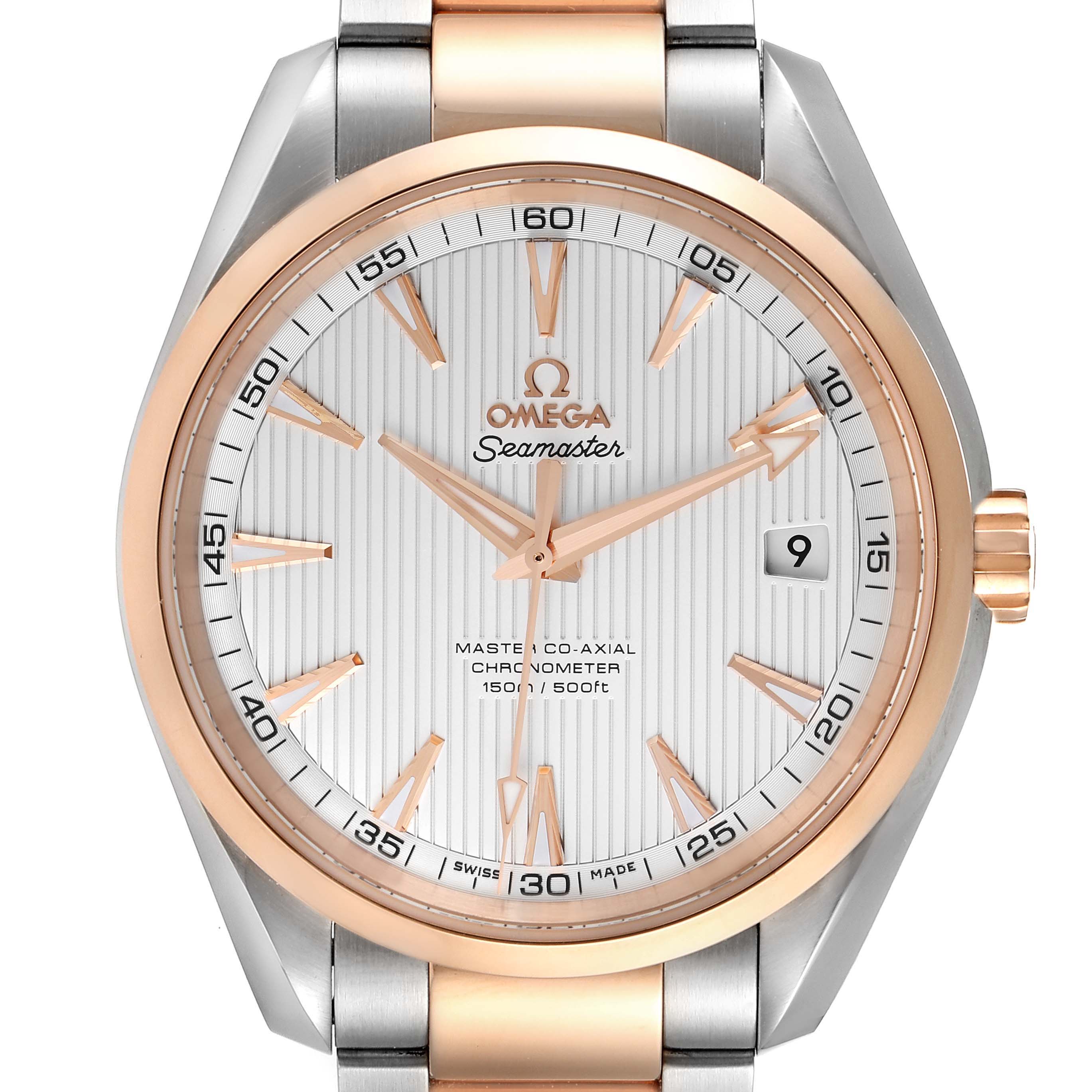 The Omega Aqua Terra 231.20.42.21.02.001 Men
s Steel and Gold (two tone) Silver Dial 231.20.42.21.02.001 Men
s Steel and Gold (two tone) Silver Dial watch is shown from the front, displaying the dial, hands, bezel, crown, and part of the bracelet.