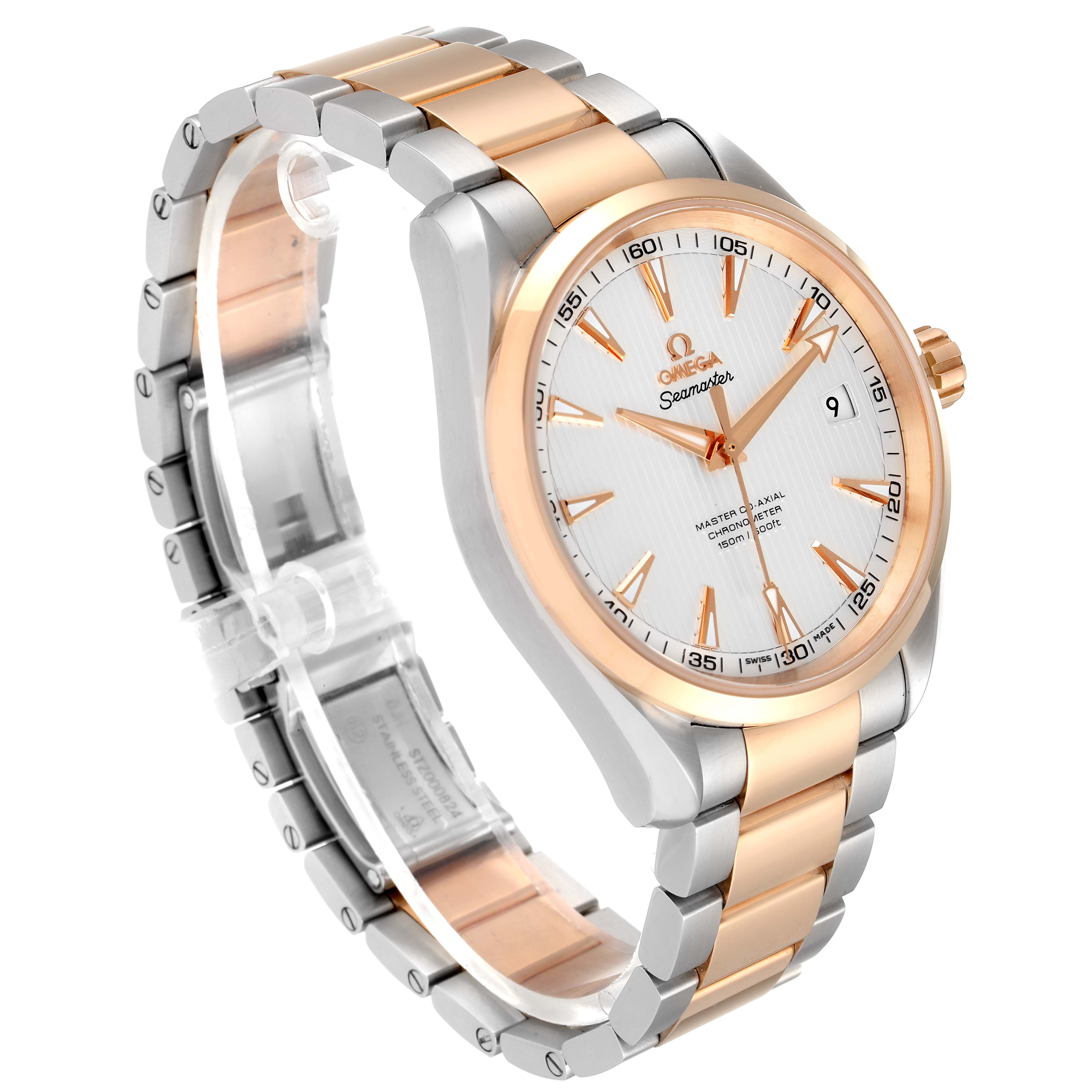 The image shows an Omega Aqua Terra 231.20.42.21.02.001 Men
s Steel and Gold (two tone) Silver Dial 231.20.42.21.02.001 Men
s Steel and Gold (two tone) Silver Dial watch at a three-quarter angle focusing on the dial, bezel, and bracelet.