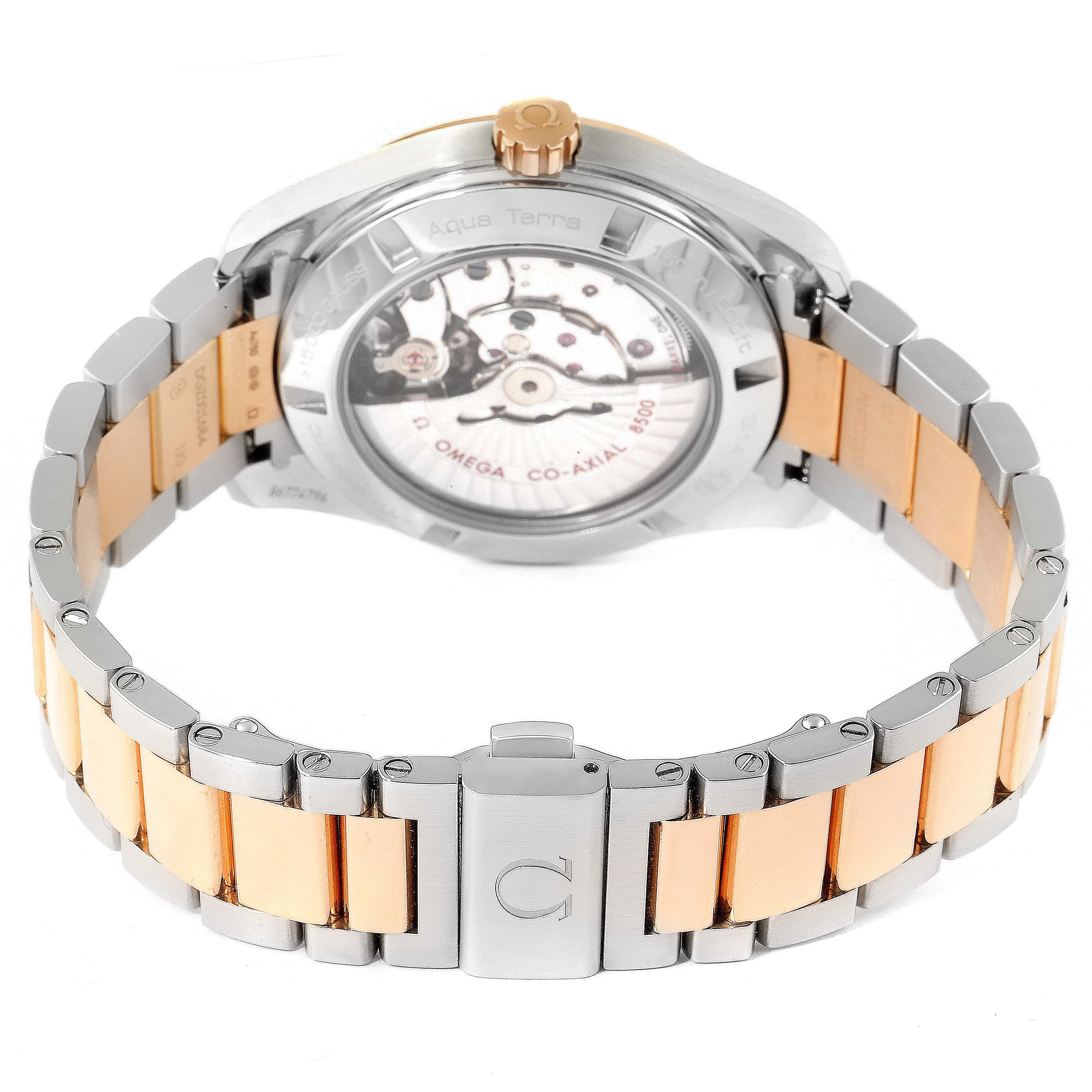 The image shows the back view of the Omega Aqua Terra 231.20.42.21.02.001 Men
s Steel and Gold (two tone) Silver Dial 231.20.42.21.02.001 Men
s Steel and Gold (two tone) Silver Dial watch, highlighting the bracelet and see-through case back.