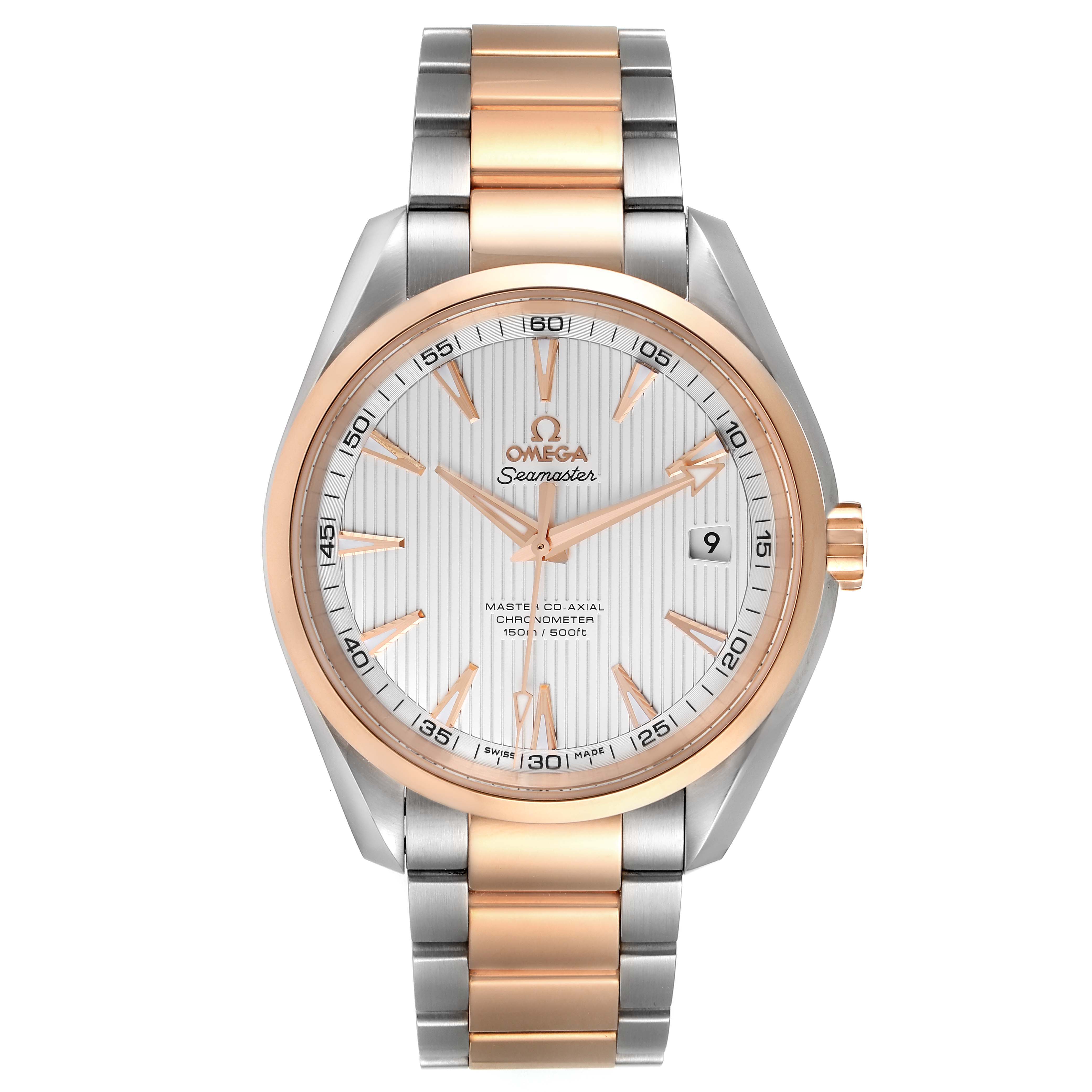 The image shows a front view of the Omega Seamaster Aqua Terra, displaying its dial, case, and two-tone metal bracelet.