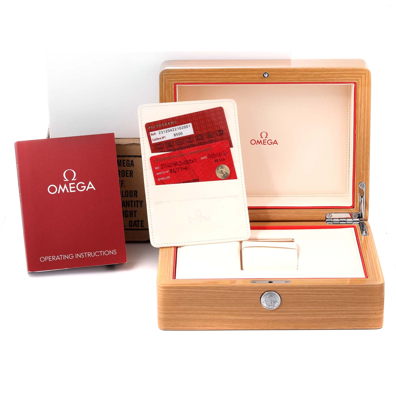 The image shows the packaging and accessories for the Omega Aqua Terra 231.20.42.21.02.001 Men
s Steel and Gold (two tone) Silver Dial 231.20.42.21.02.001 Men
s Steel and Gold (two tone) Silver Dial watch, including the box, operating instructions, and warranty cards.