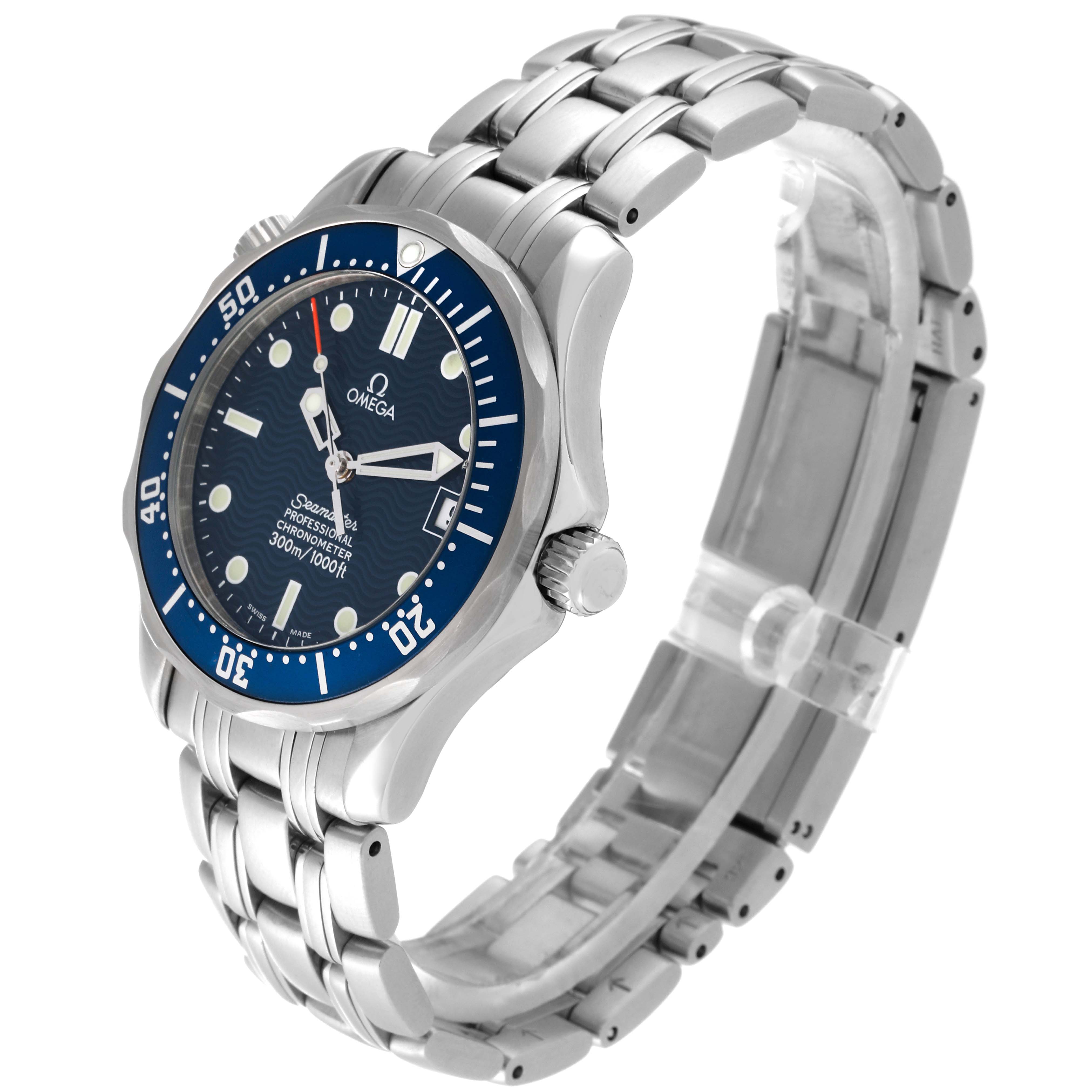 The Omega Seamaster 2551.80.00 Men
s Stainless Steel Blue Dial 2551.80.00 Men
s Stainless Steel Blue Dial watch is shown at an angle, highlighting the face, bezel, and metal bracelet.