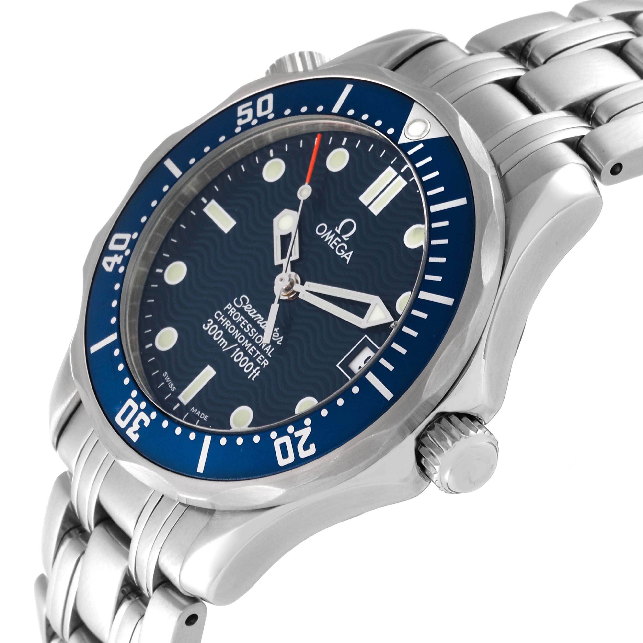 The image shows an angled side view of the Omega Seamaster 2551.80.00 Men
s Stainless Steel Blue Dial 2551.80.00 Men
s Stainless Steel Blue Dial watch, displaying the face, bezel, crown, and stainless steel bracelet.