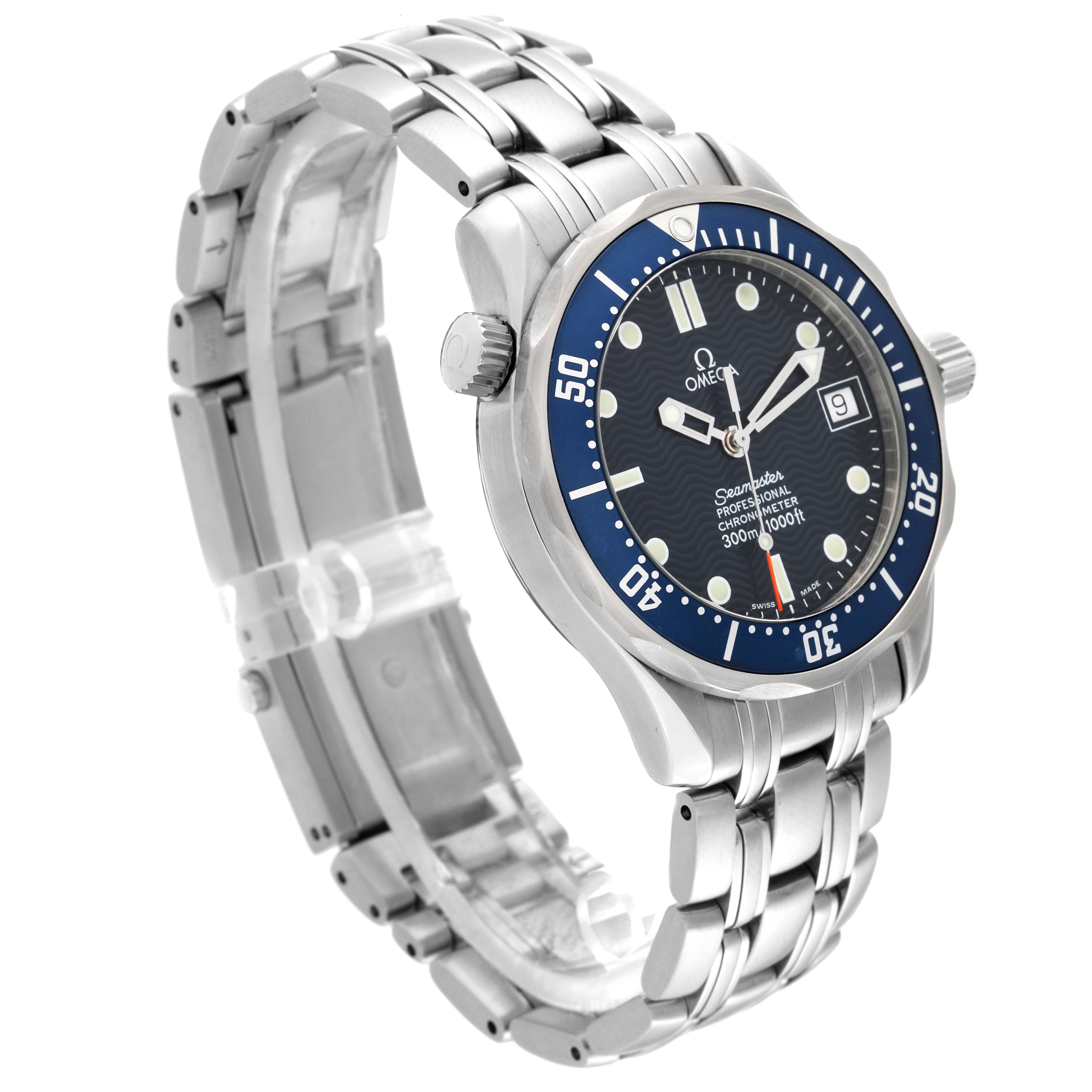 The Omega Seamaster 2551.80.00 Men
s Stainless Steel Blue Dial 2551.80.00 Men
s Stainless Steel Blue Dial model is shown at a three-quarter angle, highlighting the face, bezel, crown, and stainless steel bracelet.