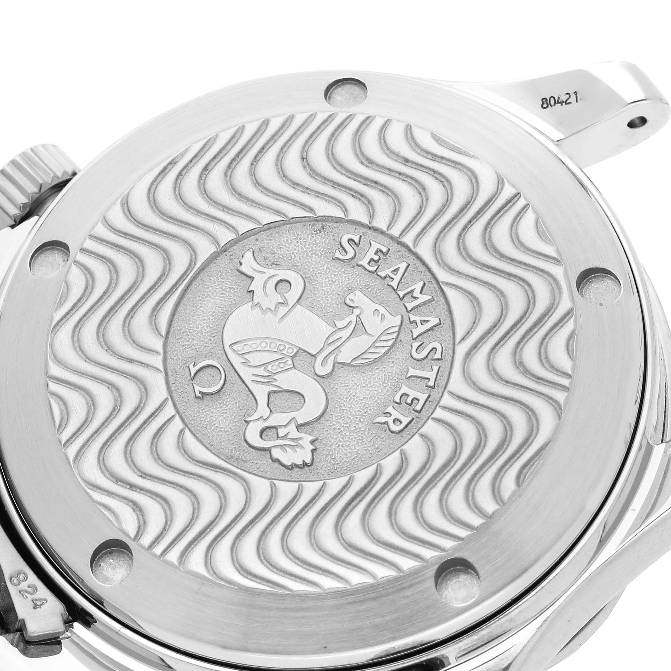 This Omega Seamaster 2551.80.00 Men
s Stainless Steel Blue Dial 2551.80.00 Men
s Stainless Steel Blue Dial watch is shown from a back angle, highlighting its engraved case back.