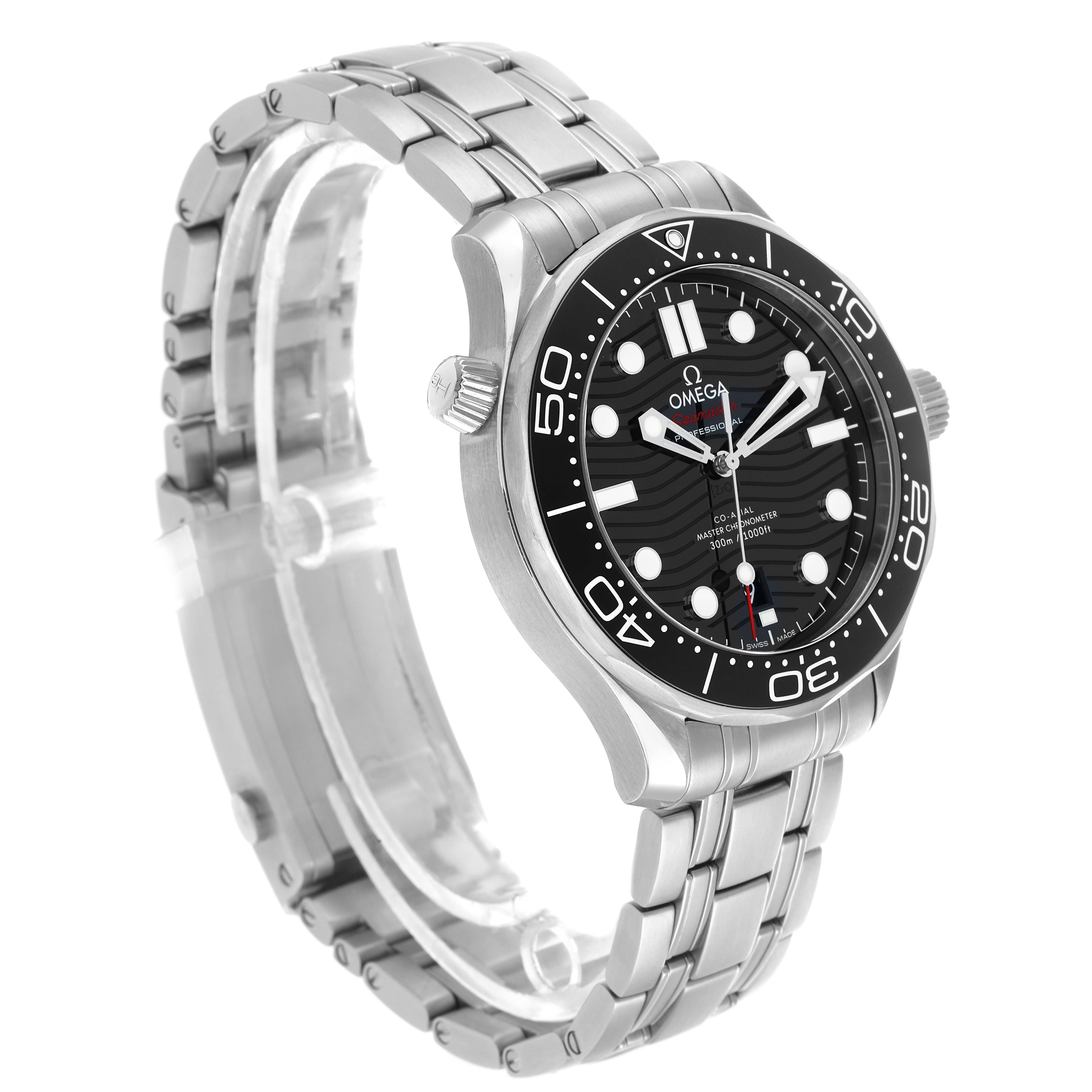 The Omega Seamaster 210.30.42.20.01.001 Men
s Stainless Steel Black Dial watch is shown at a slight angle, displaying the face, bezel, crown, and stainless steel bracelet.