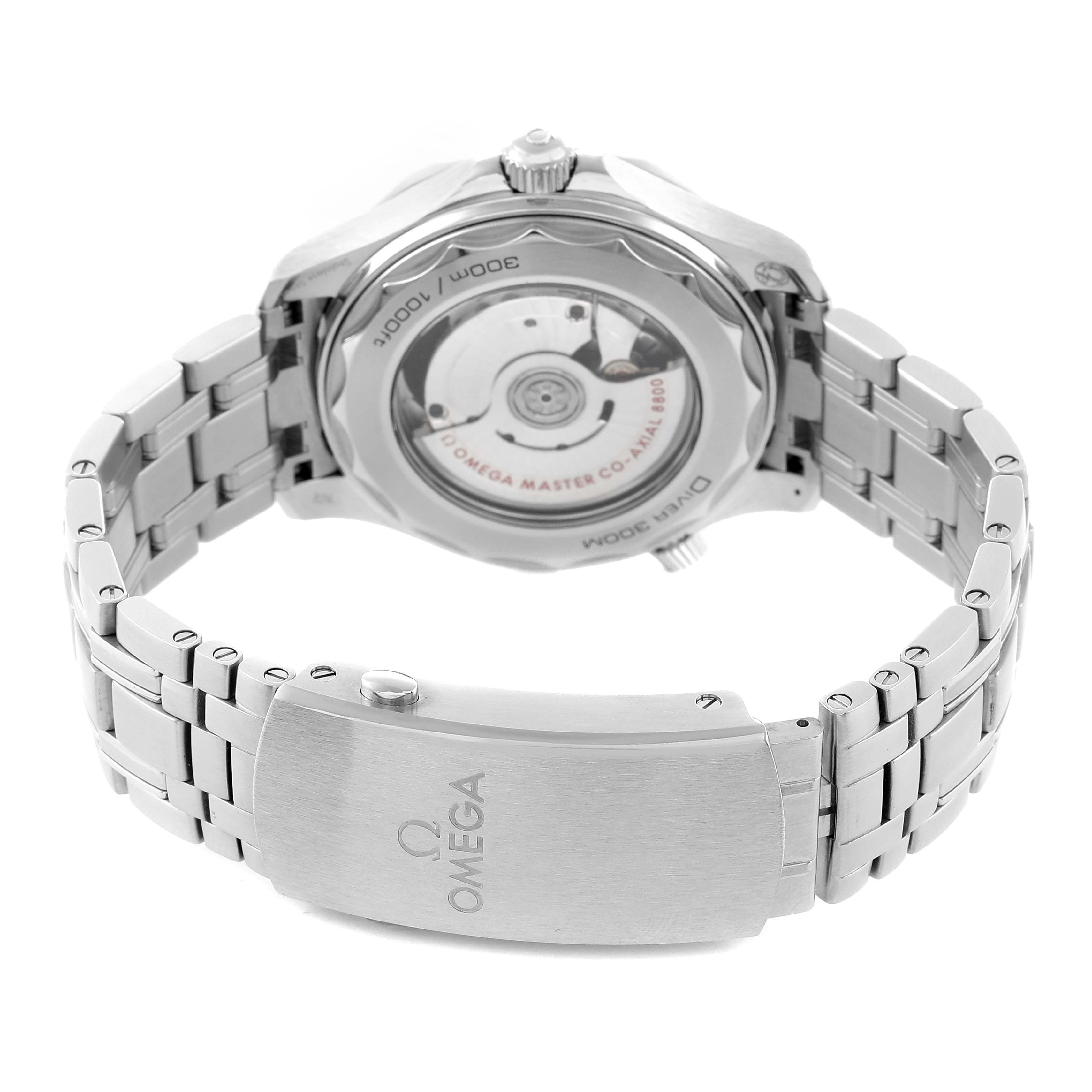 The image shows the back case, bracelet, and clasp of the Omega Seamaster 210.30.42.20.01.001 Men
s Stainless Steel Black Dial model from a rear angle.