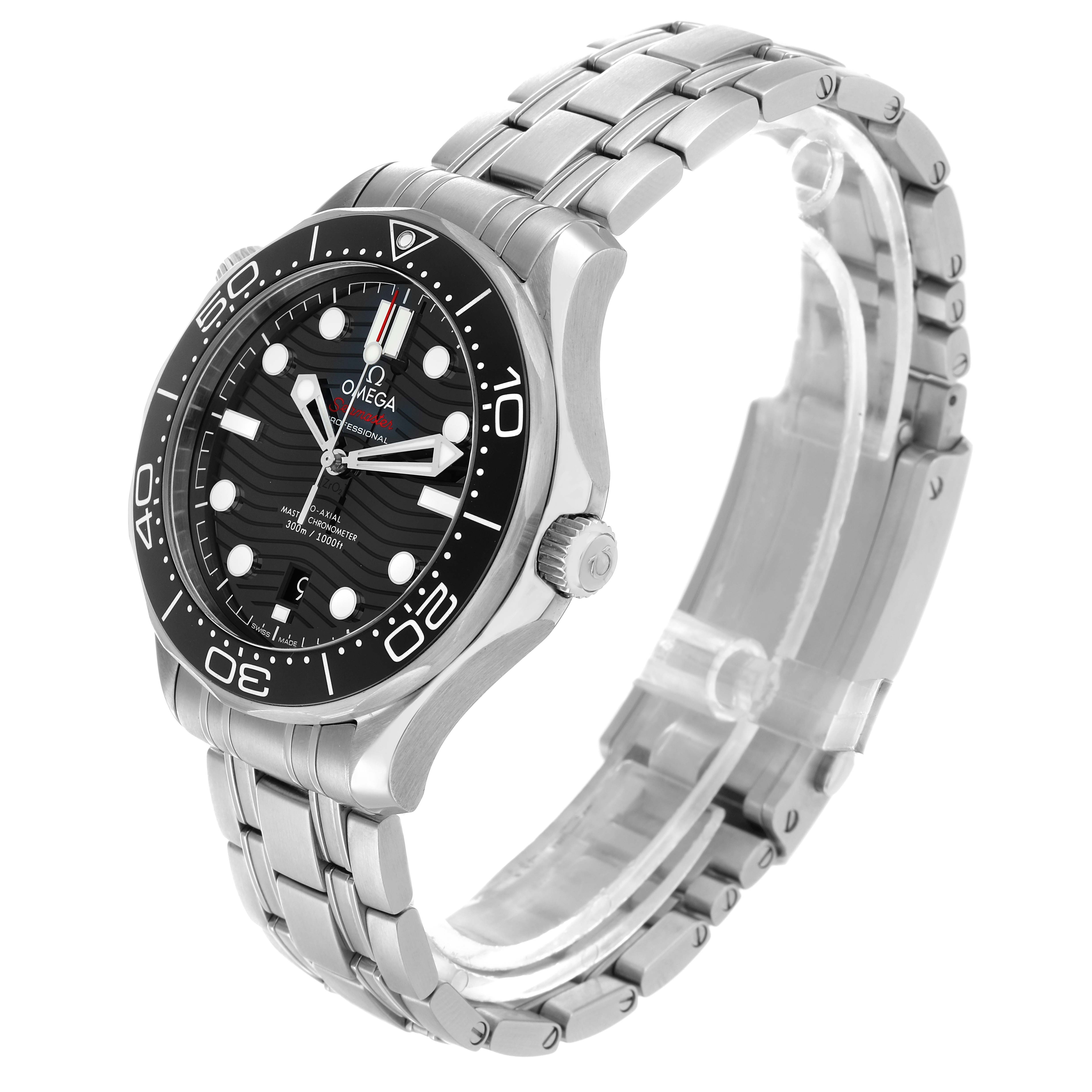 The image shows a side angle of an Omega Seamaster 210.30.42.20.01.001 Men
s Stainless Steel Black Dial watch, highlighting its face, bezel, and stainless steel bracelet.