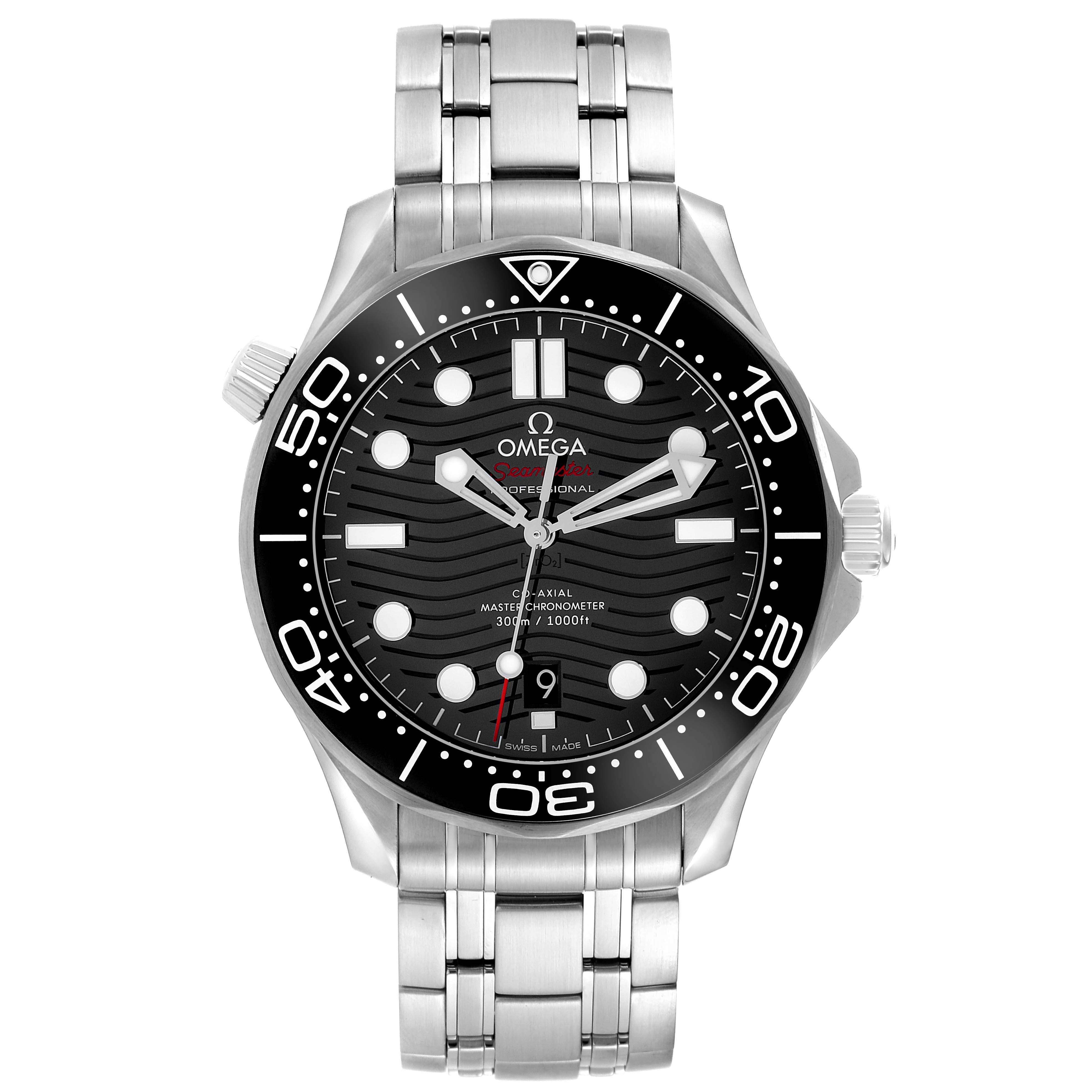 The Omega Seamaster 210.30.42.20.01.001 Men
s Stainless Steel Black Dial watch is shown from a front angle, displaying its face, bezel, crown, and bracelet.