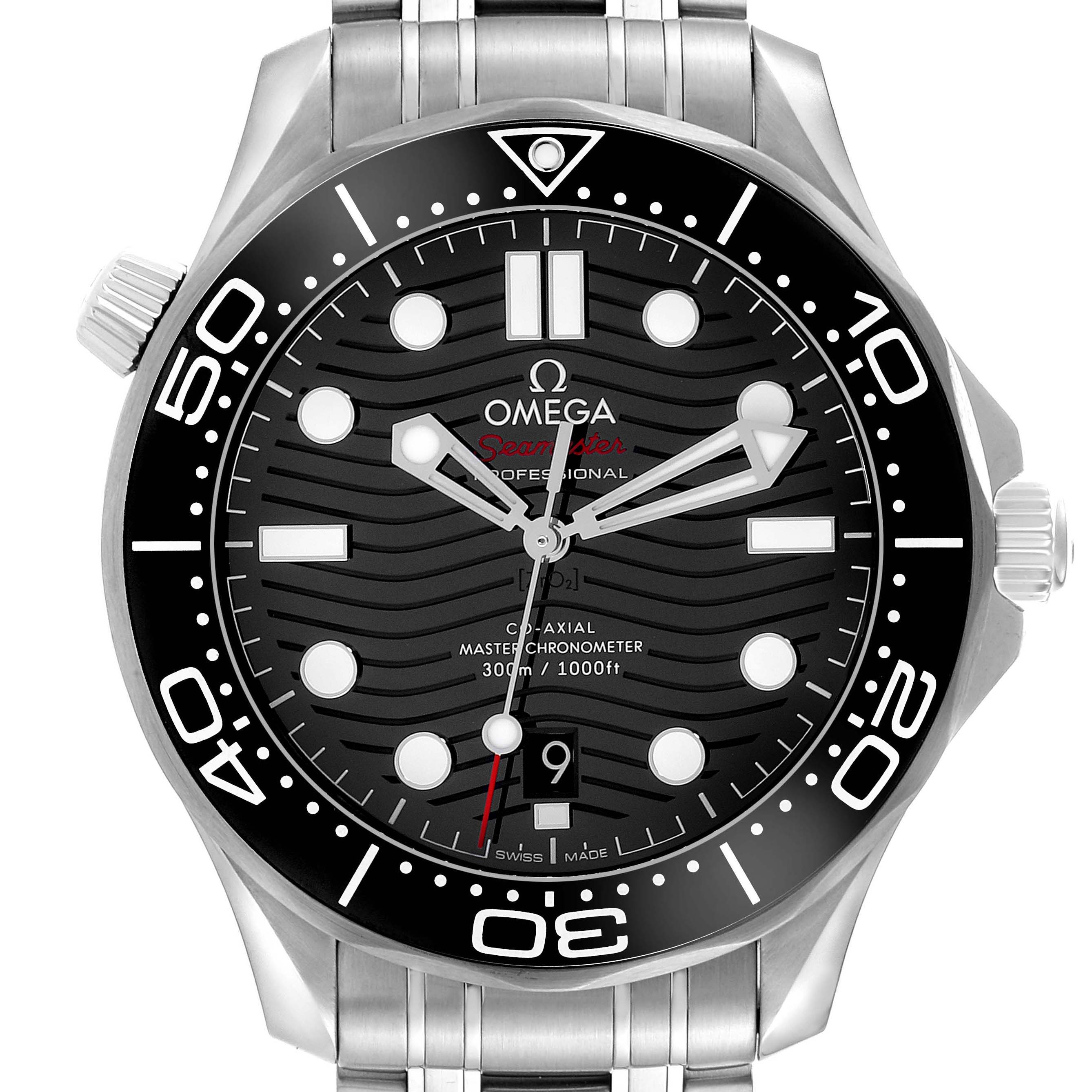 The Omega Seamaster 210.30.42.20.01.001 Men
s Stainless Steel Black Dial watch is shown from the front, displaying the black dial, bezel, and stainless steel bracelet.
