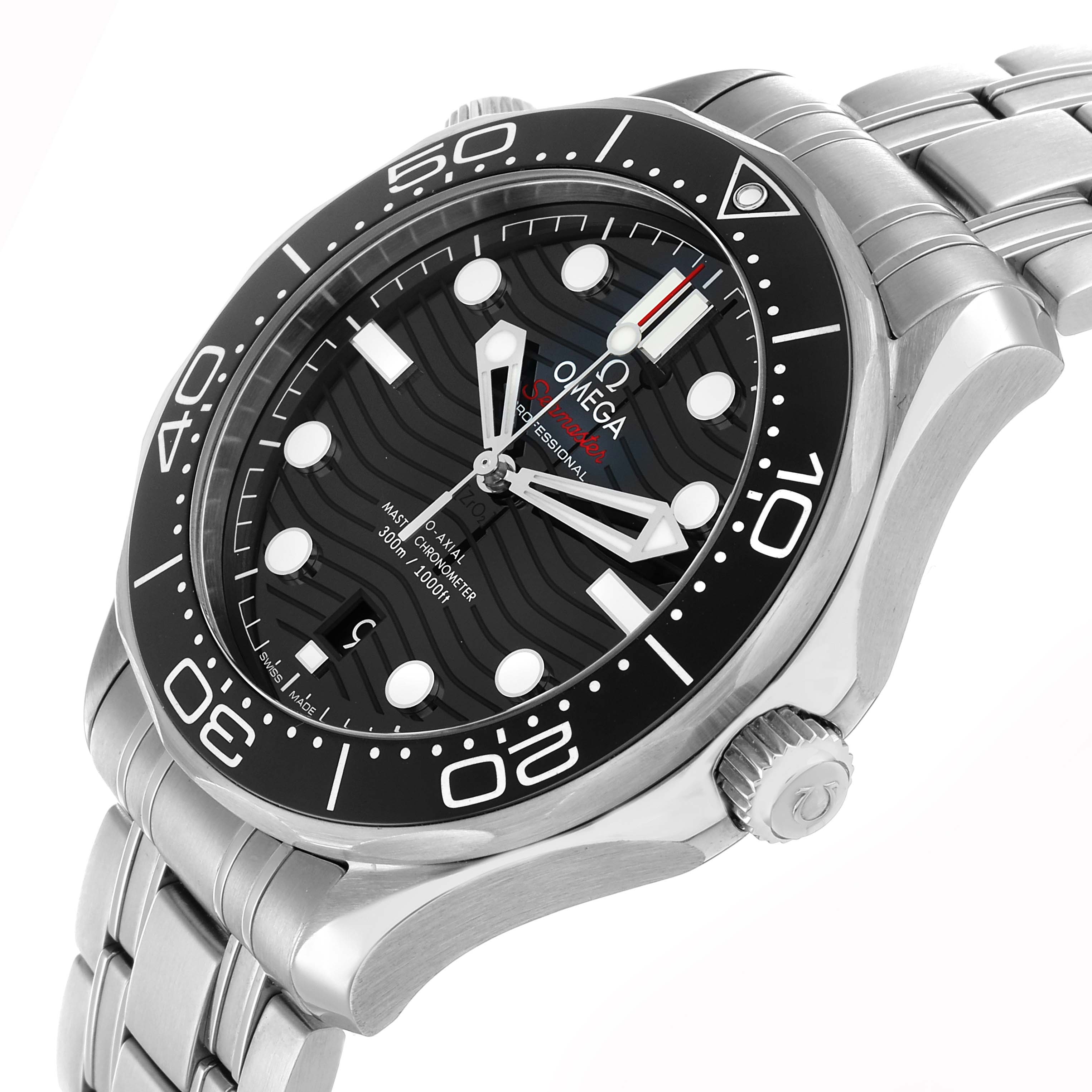 The Omega Seamaster 210.30.42.20.01.001 Men
s Stainless Steel Black Dial watch is shown at an angle highlighting the dial, bezel, and bracelet prominently.