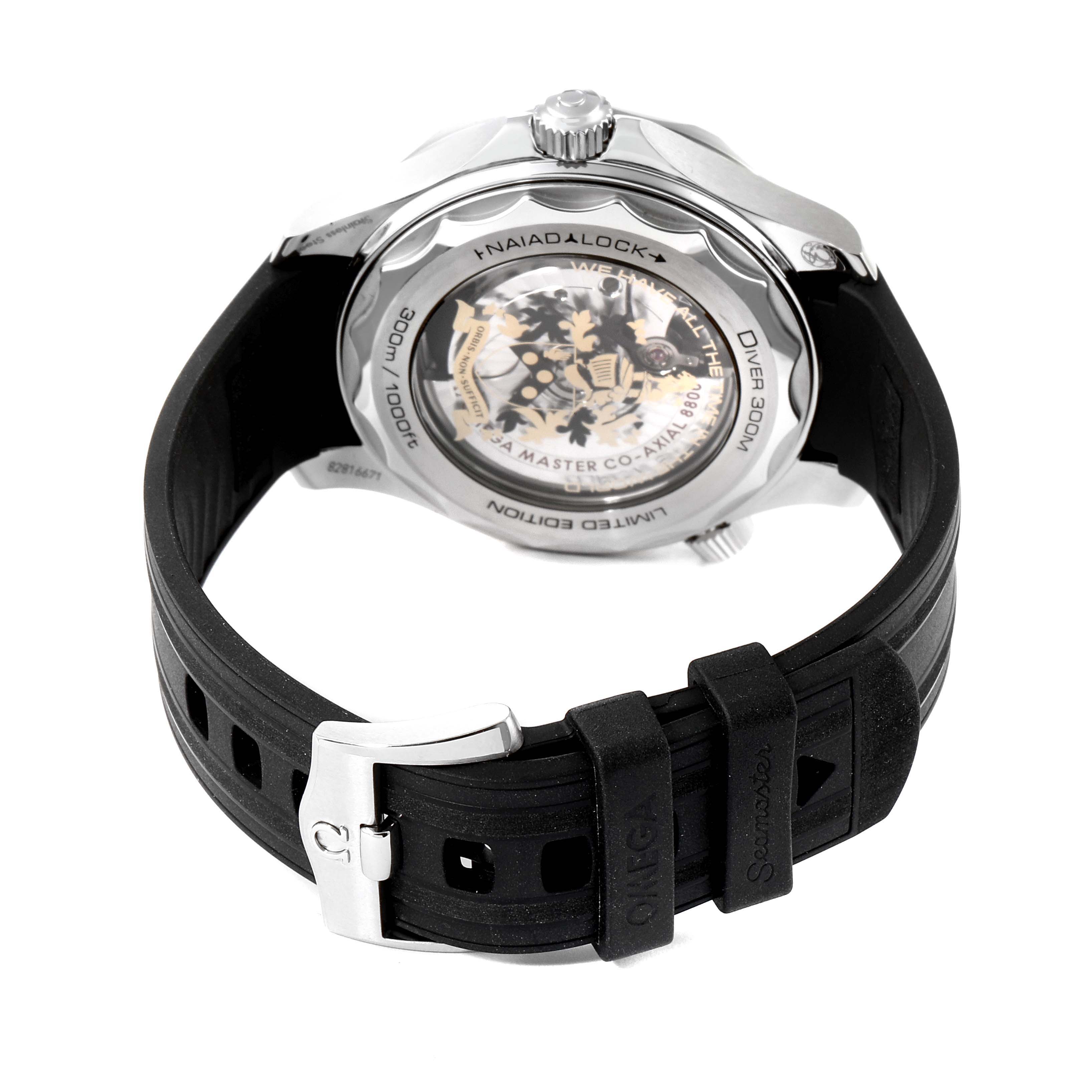 The photo shows the back of an Omega Seamaster 210.22.42.20.01.004 Men's Stainless Steel Black Dial 210.22.42.20.01.004 Men's Stainless Steel Black Dial watch, highlighting its transparent case back and black rubber strap.