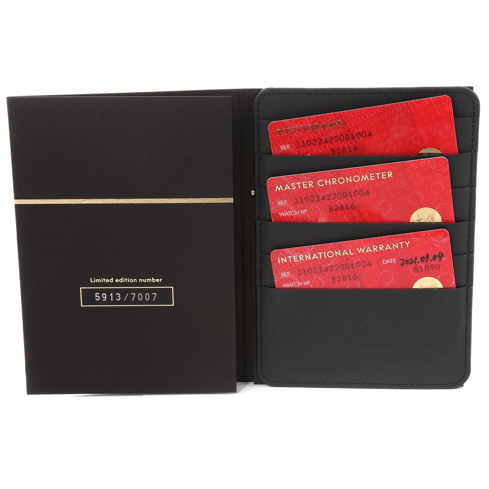 The image shows the authenticity and warranty cards for the Omega Seamaster 210.22.42.20.01.004 Men's Stainless Steel Black Dial 210.22.42.20.01.004 Men's Stainless Steel Black Dial model along with its limited edition number.