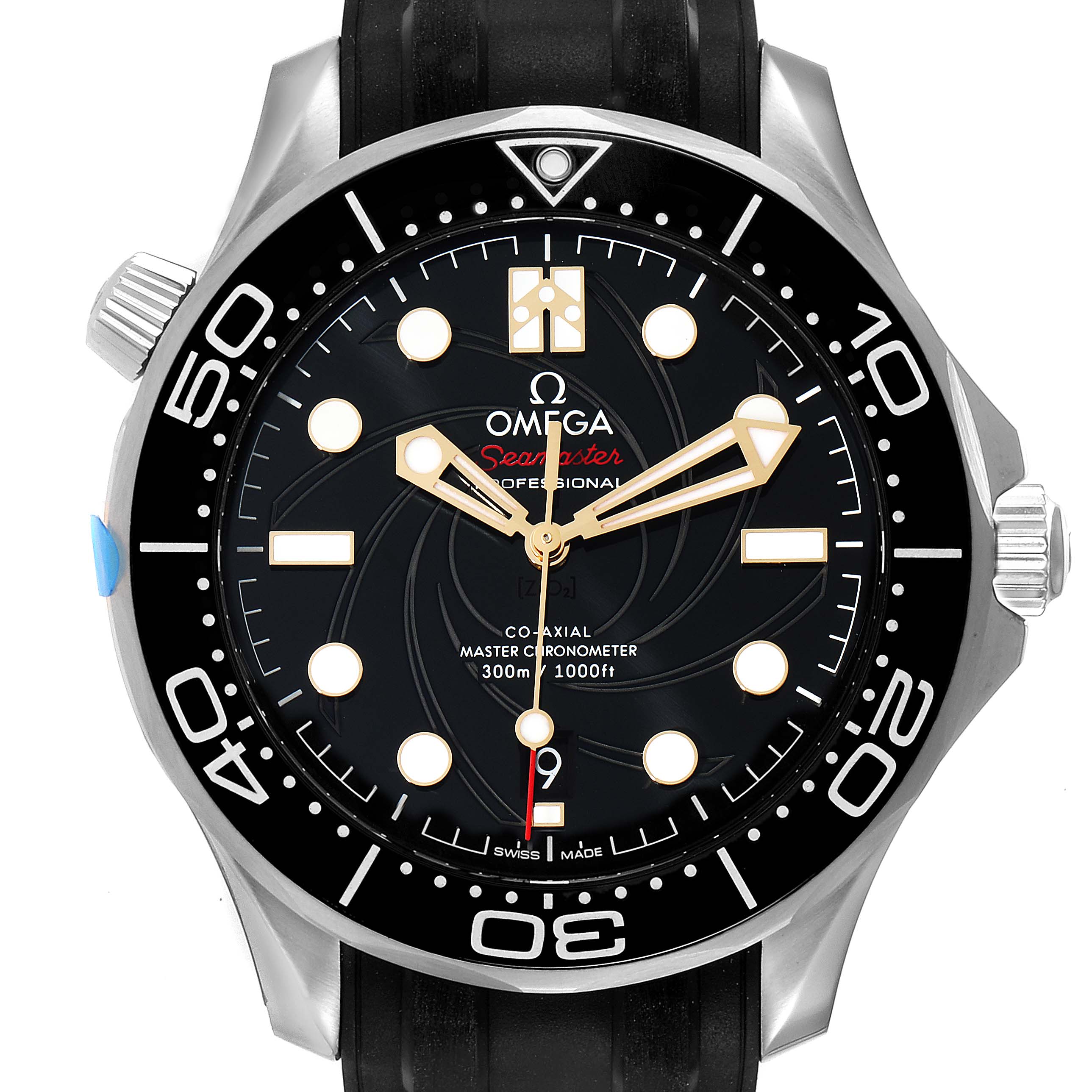 The image shows a front view of the Omega Seamaster 210.22.42.20.01.004 Men's Stainless Steel Black Dial 210.22.42.20.01.004 Men's Stainless Steel Black Dial watch displaying its black dial, bezel, hands, and markers.