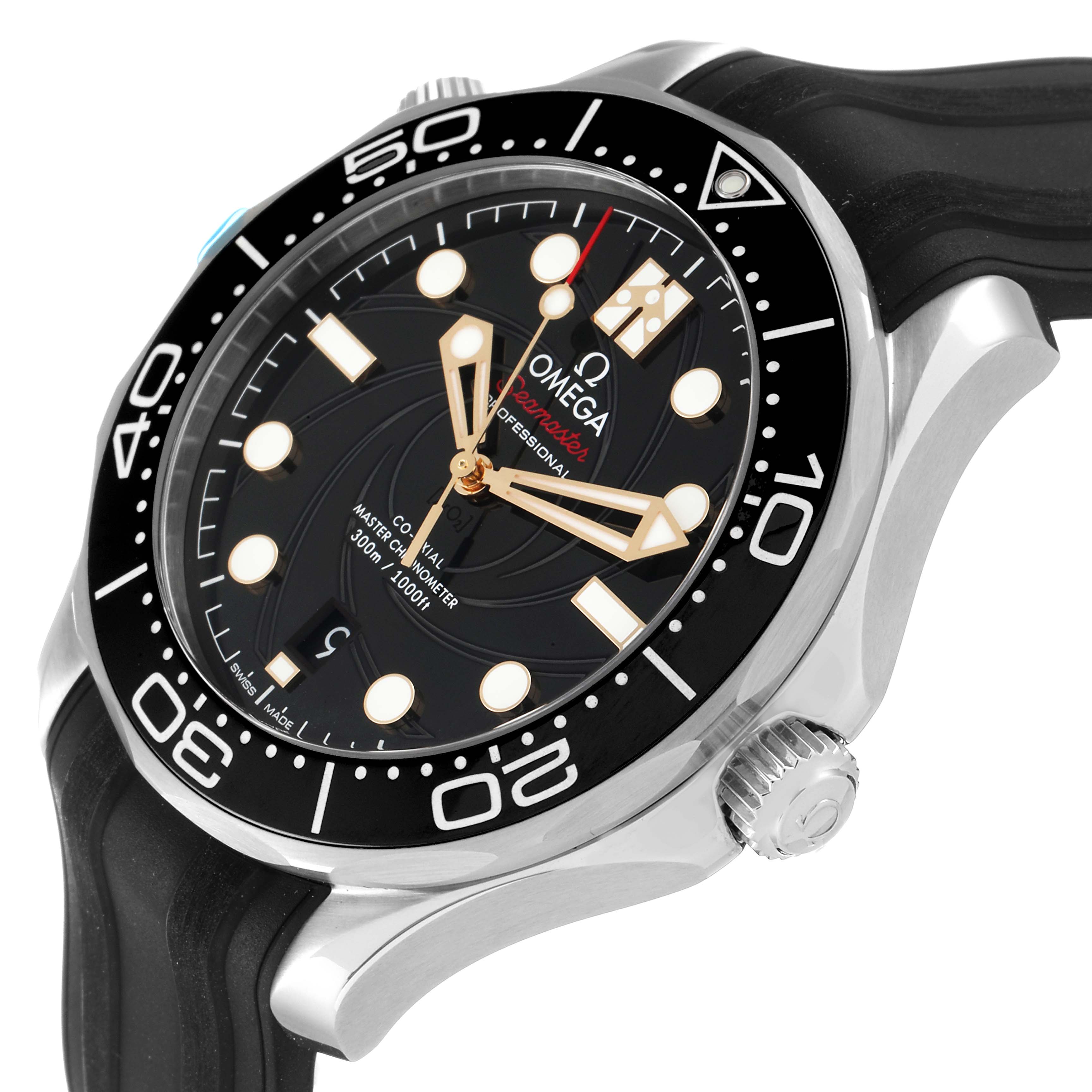 This image shows a close-up angled view of the Omega Seamaster 210.22.42.20.01.004 Men's Stainless Steel Black Dial 210.22.42.20.01.004 Men's Stainless Steel Black Dial watch face and crown, with visible bezel and strap.