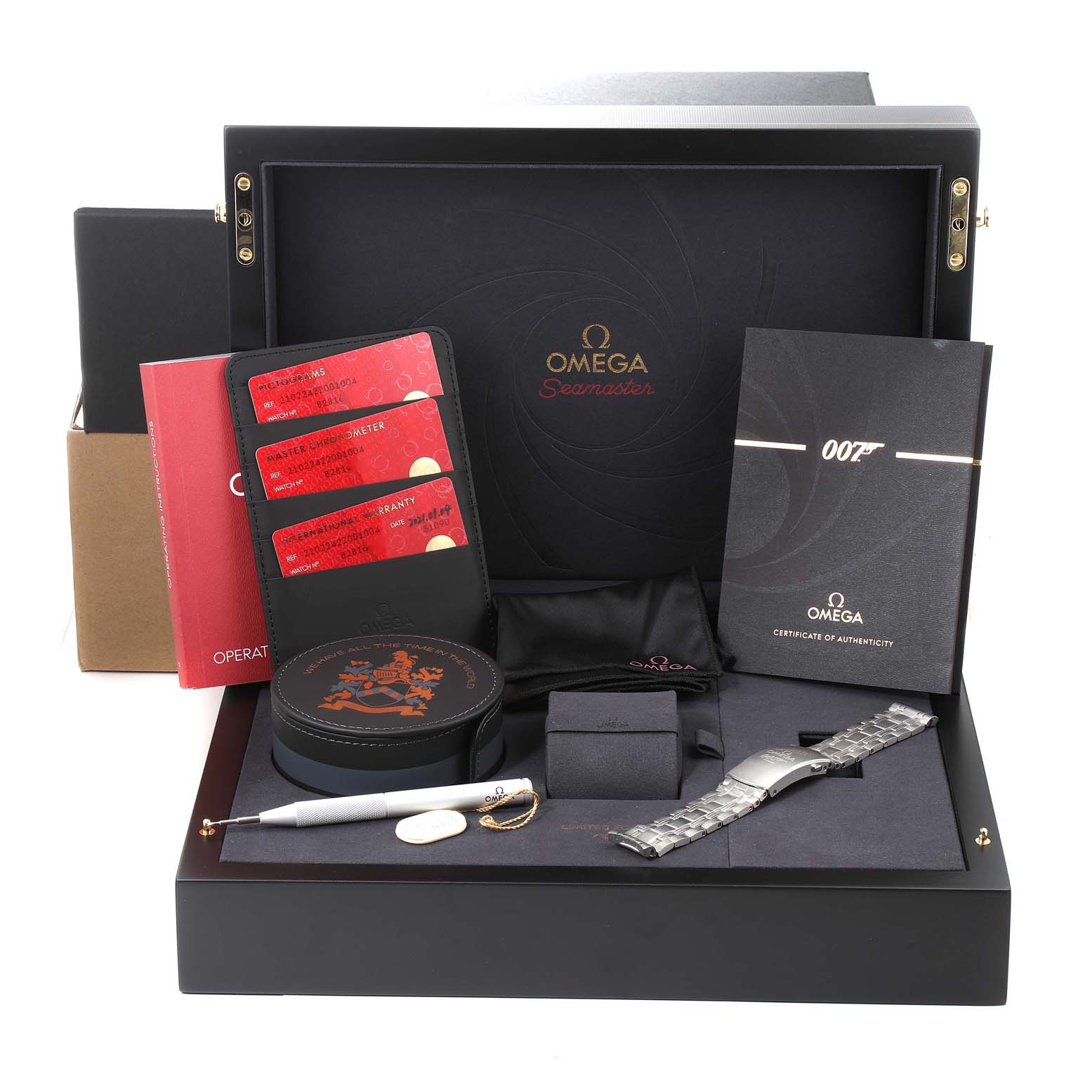 This image shows an Omega Seamaster 210.22.42.20.01.004 Men's Stainless Steel Black Dial 210.22.42.20.01.004 Men's Stainless Steel Black Dial watch box set, including a certificate, cards, a bracelet, and various accessories from a frontal angle.