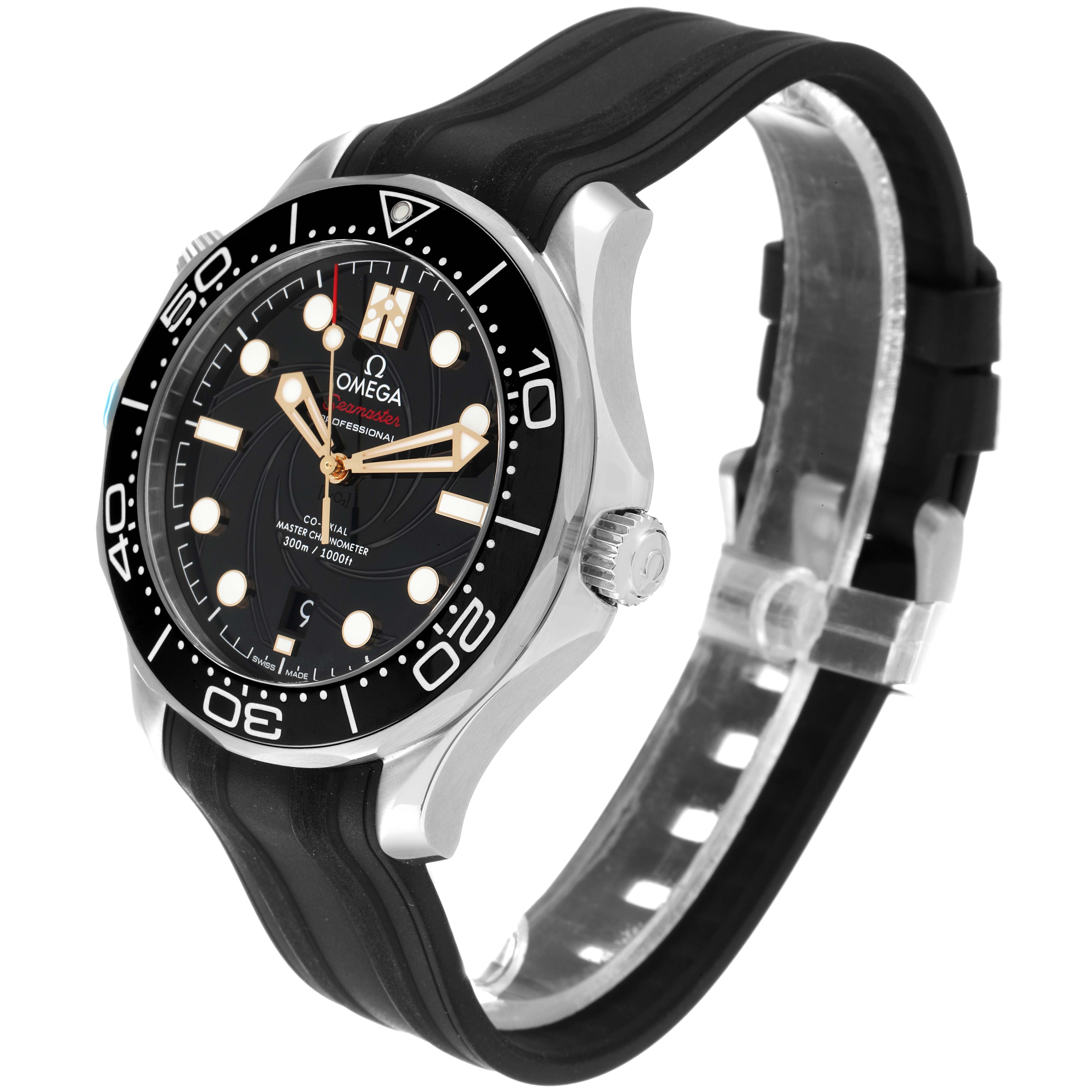 The image shows an angled side view of an Omega Seamaster 210.22.42.20.01.004 Men's Stainless Steel Black Dial 210.22.42.20.01.004 Men's Stainless Steel Black Dial watch, highlighting its dial, bezel, and rubber strap.