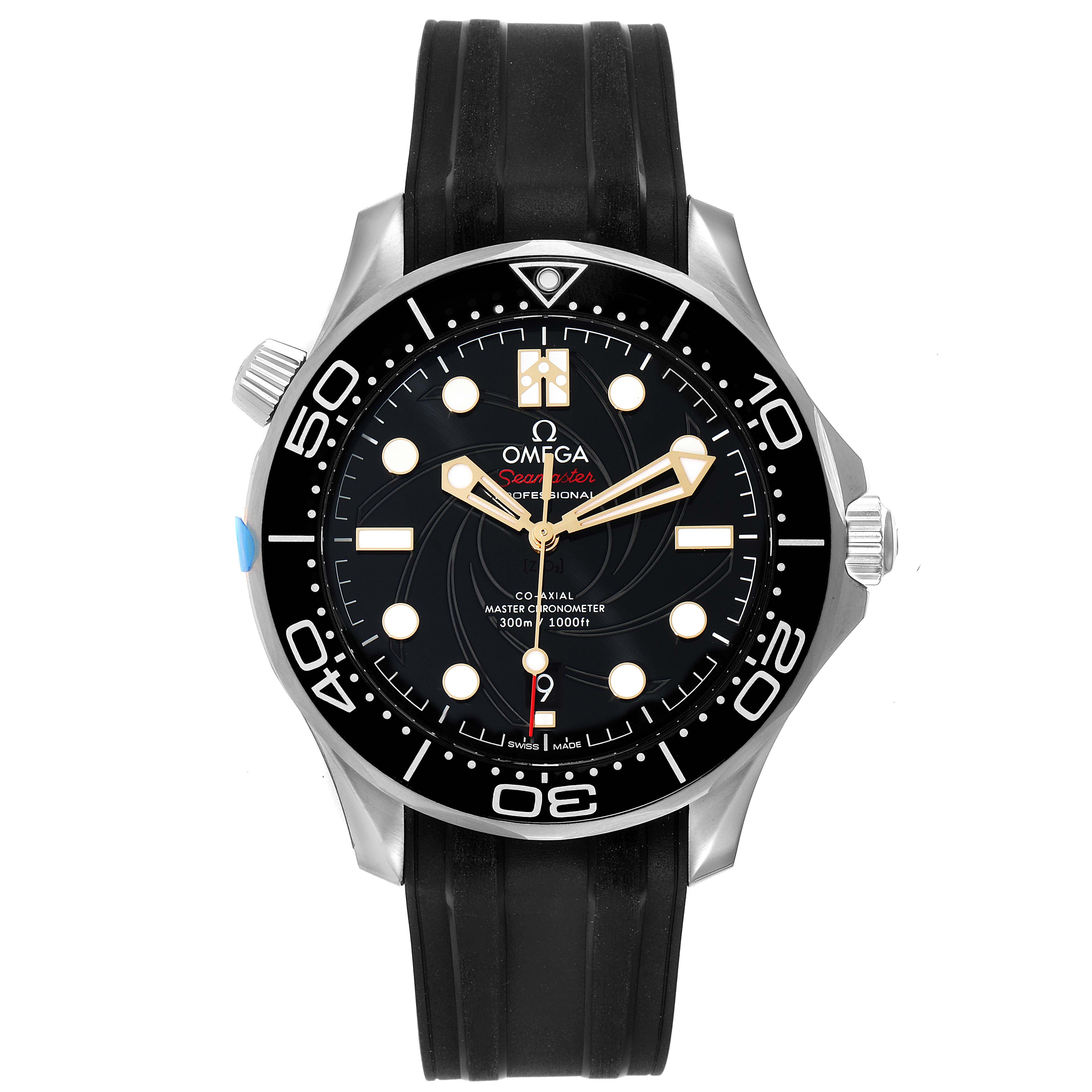 The image shows a front view of the Omega Seamaster 210.22.42.20.01.004 Men's Stainless Steel Black Dial 210.22.42.20.01.004 Men's Stainless Steel Black Dial Professional watch with a black dial and rubber strap.