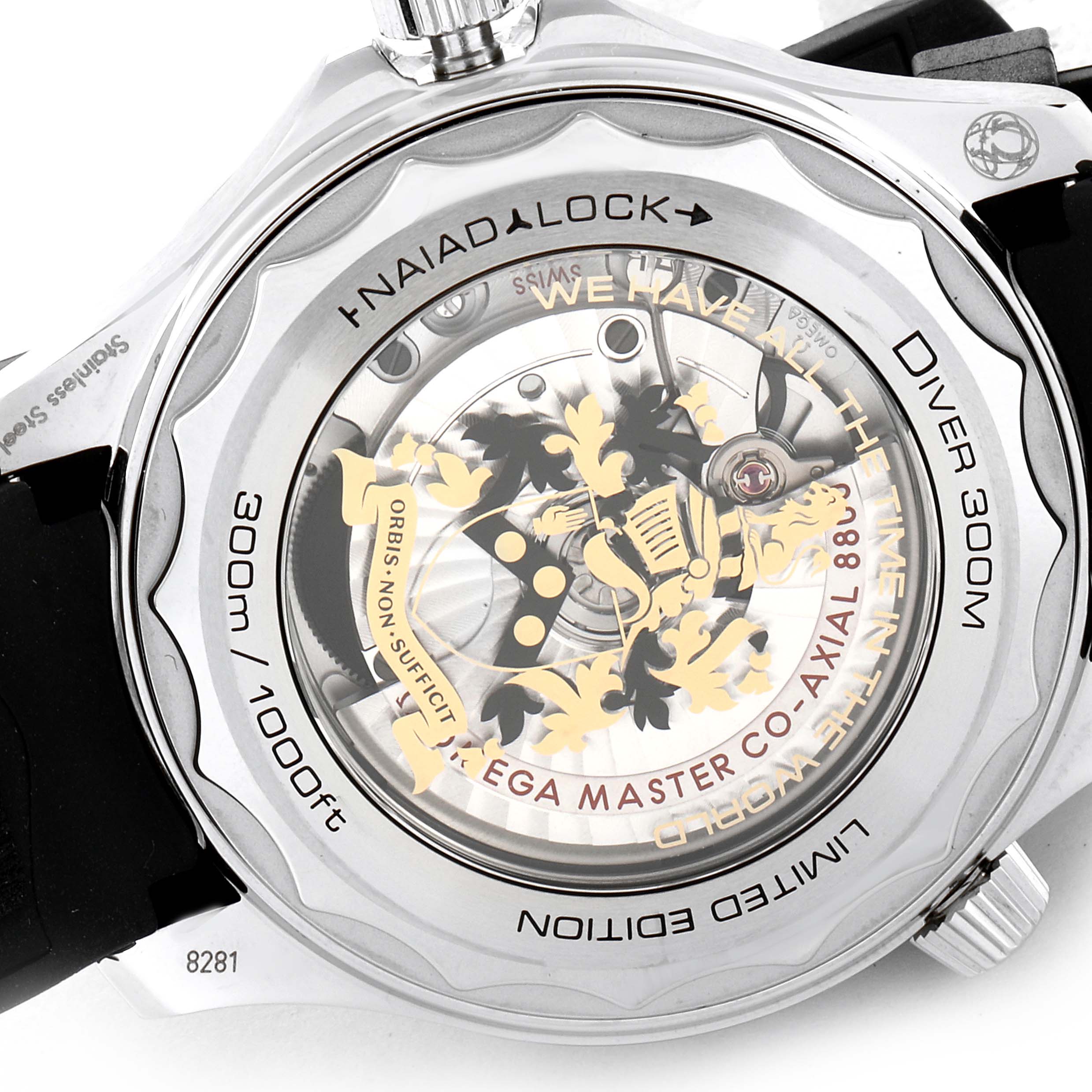 The image shows the back of an Omega Seamaster 210.22.42.20.01.004 Men's Stainless Steel Black Dial 210.22.42.20.01.004 Men's Stainless Steel Black Dial Diver 300M watch, featuring the Naiad Lock and intricate inner movement.