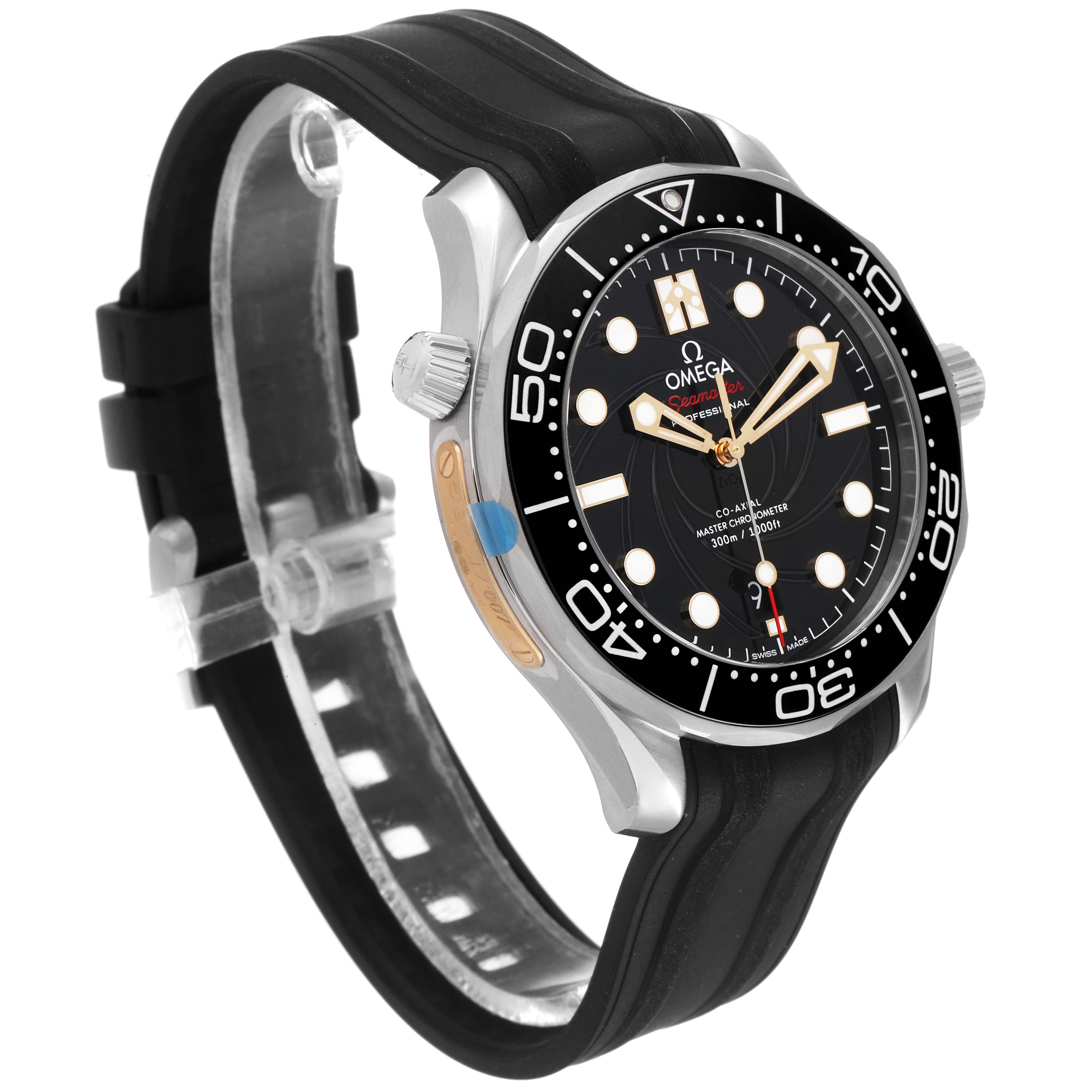 The Omega Seamaster 210.22.42.20.01.004 Men's Stainless Steel Black Dial 210.22.42.20.01.004 Men's Stainless Steel Black Dial watch is shown at a three-quarter angle featuring its black dial, rotating bezel, crown, and rubber strap.